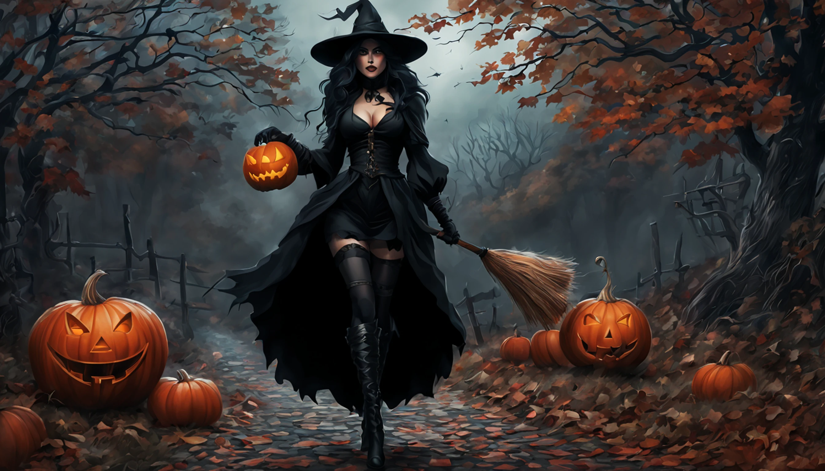 Witch with pumpkin and broom, Em um estilo de dia das bruxas, dia das bruxas, tema halloween, bruxa feminina bonita, bruxa mecanizada, supervillain sorceress witch, bruxa feiticeira do mal, Uma bruxa, bruxa escura da moda, bruxa, Scarry mas enfeitiçando, bruxa castlevania, mulher feiticeira, Travessuras ou gostosuras, personagem bruxa escura, beautiful witch spooky female