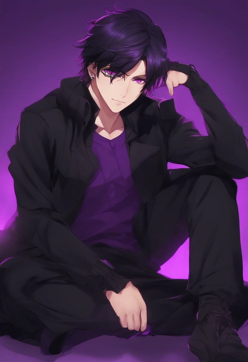anime guy with black and purple hair and black shirt in front of a purple background, trigger anime artstyle, with vivid purple eyes, with glowing purple eyes, portrait gapmoe yandere grimdark, anime style portrait, anime style character, male anime character, shigenori soejima illustration, inspired by Okumura Masanobu, male anime style