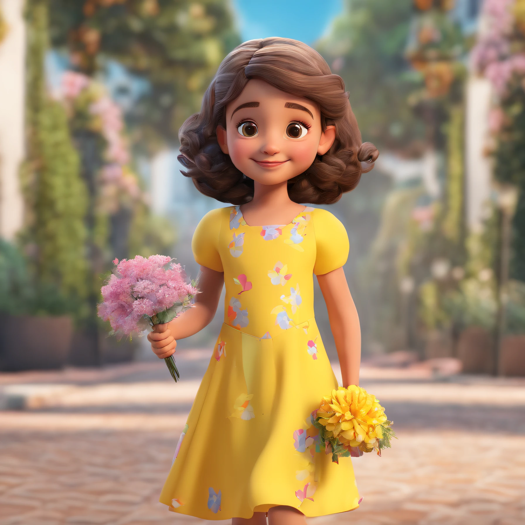 Menina loira, cabelo cacheado, com vestido em tom pastel, rodado, 8 and a flower in her hand