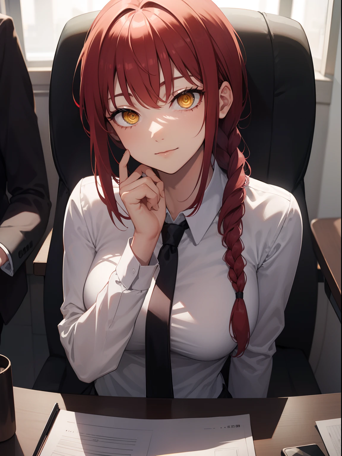 makima, makima, long hair, smile, closed mouth bangs, medium breasts, (yellow eyes:1.2), braid, red hair, braided ponytail, ringed eyes, BREAK shirt, long sleeves, jacket, white shirt, cleavage, sitting on table, loose necktie, collared shirt, pants, black jacket, black blazer, black pants, formal, suit, loose black necktie, shirt tucked in, office lady, BREAK indoors, office, BREAK looking at viewer, BREAK (masterpiece:1.2), best quality, high resolution, unity 8k wallpaper, (illustration:0.8), (beautiful detailed eyes:1.6), extremely detailed face, perfect lighting, extremely detailed CG, (perfect hands, perfect anatomy),