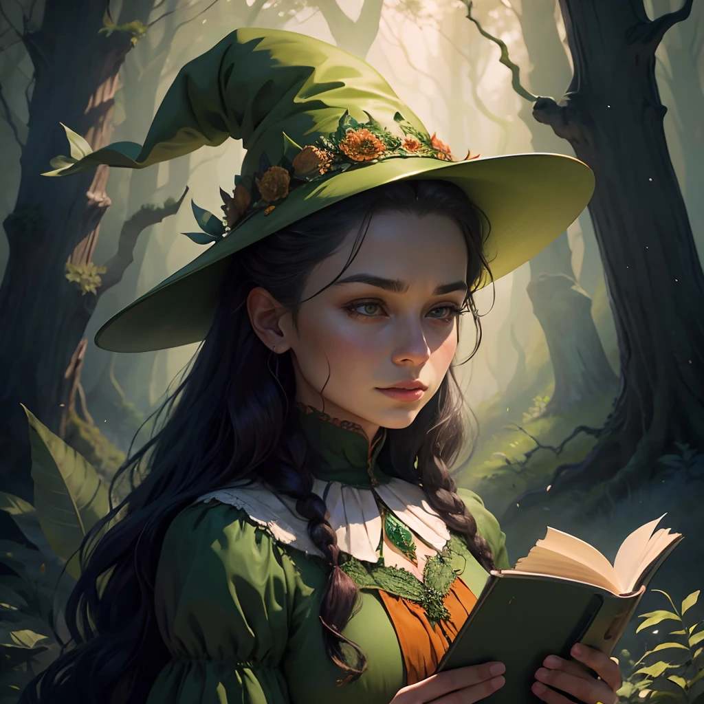 Emerald Witch woman, closeup illustration in the style of harry honnington, in the style of mary jane ansell, romanticized landscapes, lilia alvarado, robert bissell, painting and writing tools, ethereal trees, dark orange and grey, Brothers Grimm