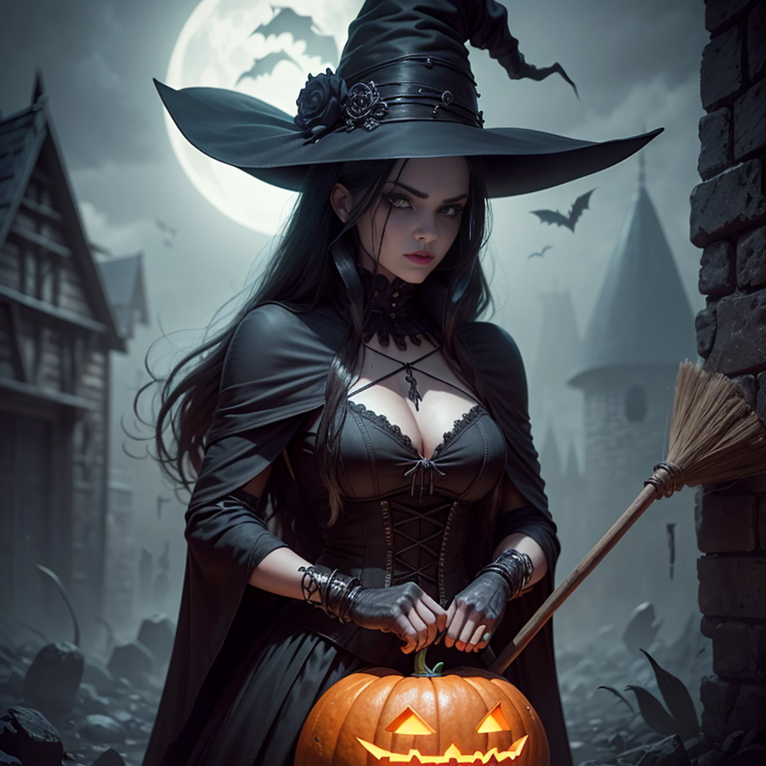 Witch with pumpkin and broom, Em um estilo de dia das bruxas, dia das bruxas, tema halloween, bruxa feminina bonita,  bruxa mecanizada, supervillain sorceress witch, bruxa feiticeira do mal, Uma bruxa, bruxa escura da moda, bruxa, Scarry mas enfeitiçando, bruxa castlevania, mulher feiticeira, Travessuras ou gostosuras, personagem bruxa escura, beautiful witch spooky female