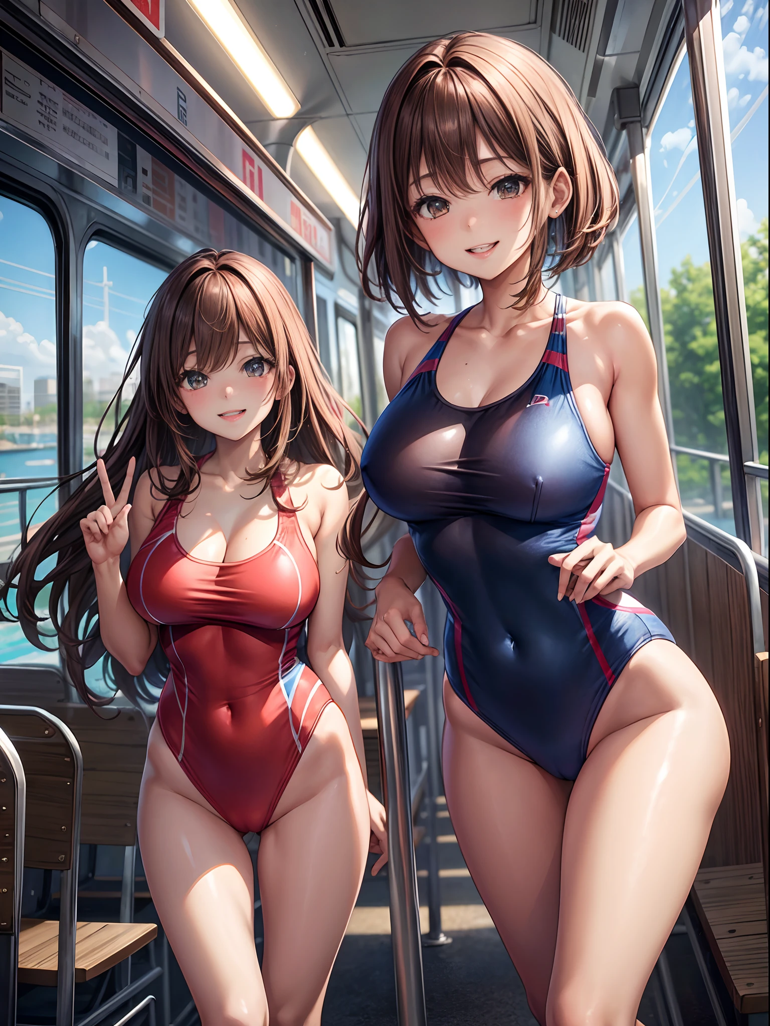 top-quality、Full limbs、complete fingers、Many women wear competition swimsuits、Beautiful Large Breasts、Brown-haired woman、straight haired、Woman with waist-length hair、Woman in blue and red competitive swimsuit、Brown pantyhose、in the bus、A big smile、Naughty Poses