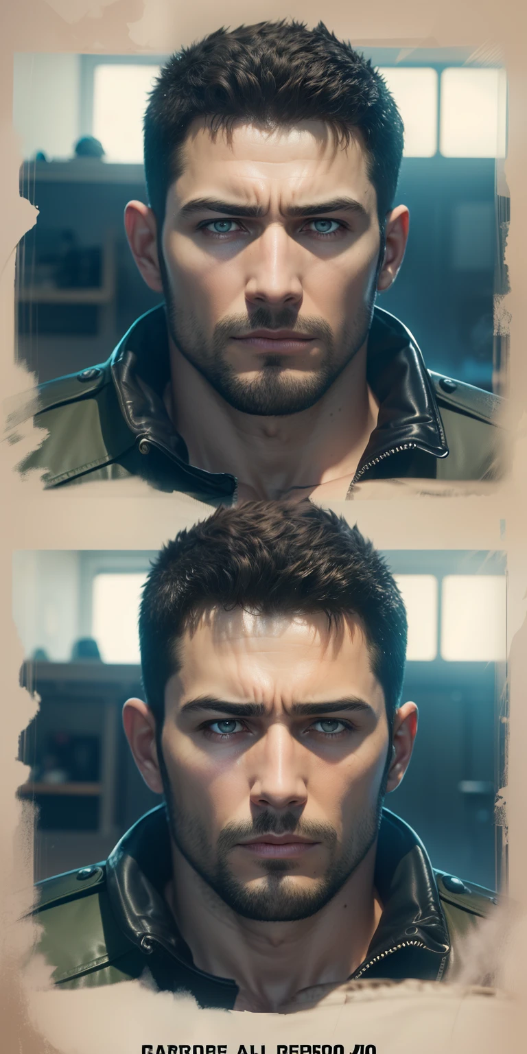 Cartaz do filme, design de personagens (Resident Evil - Chris Redfield, Chris Redfield) Cartaz de cinema, baixo, Solo, homem, 45 anos, cabelos curtos, cara de bravo, mau, homem grande, alto, (((Musculoso))), camiseta preta, black leather pants, cinto militar, Armado com pistola. fundo simples