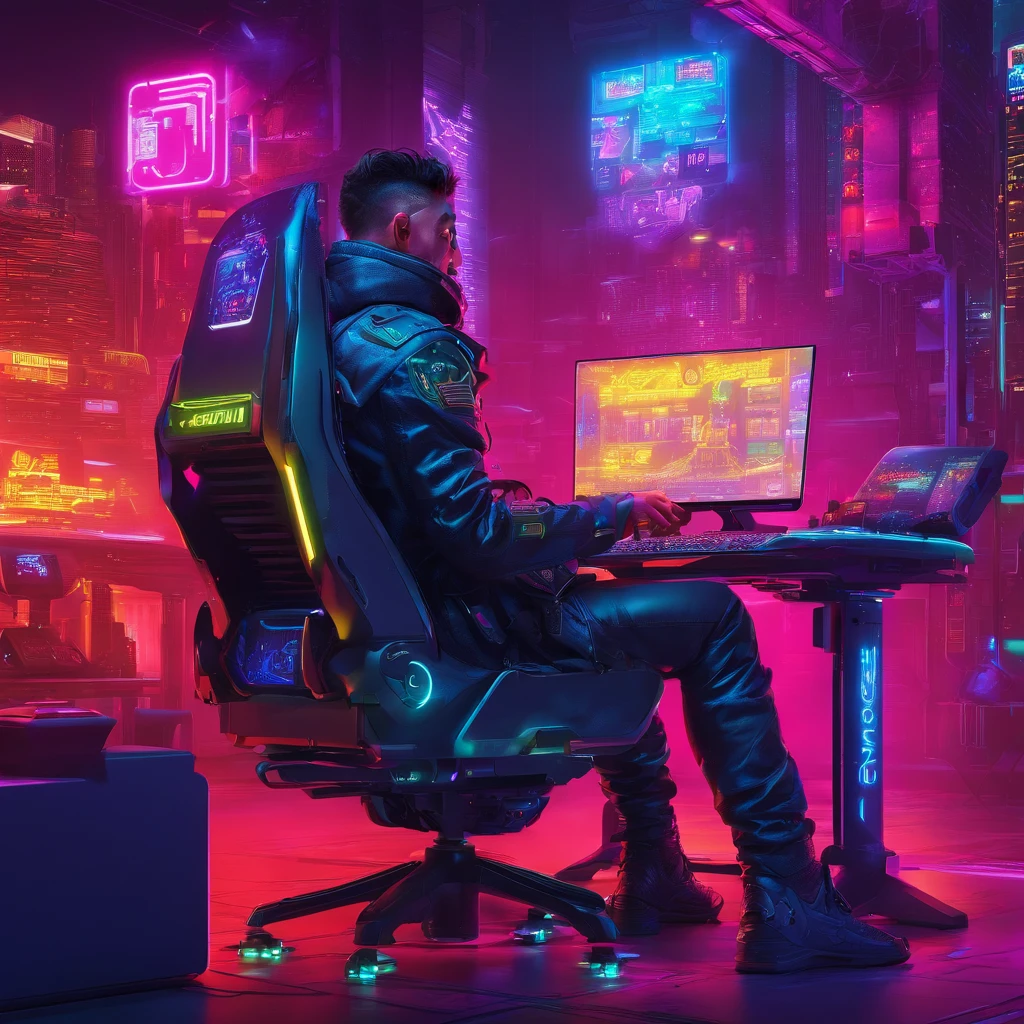 sala de jogos, Men sitting in gaming chair using computers full of codes, mesa cheia de pcs de jogos, luzes perfeitas, dark space, Dreamy appearance
