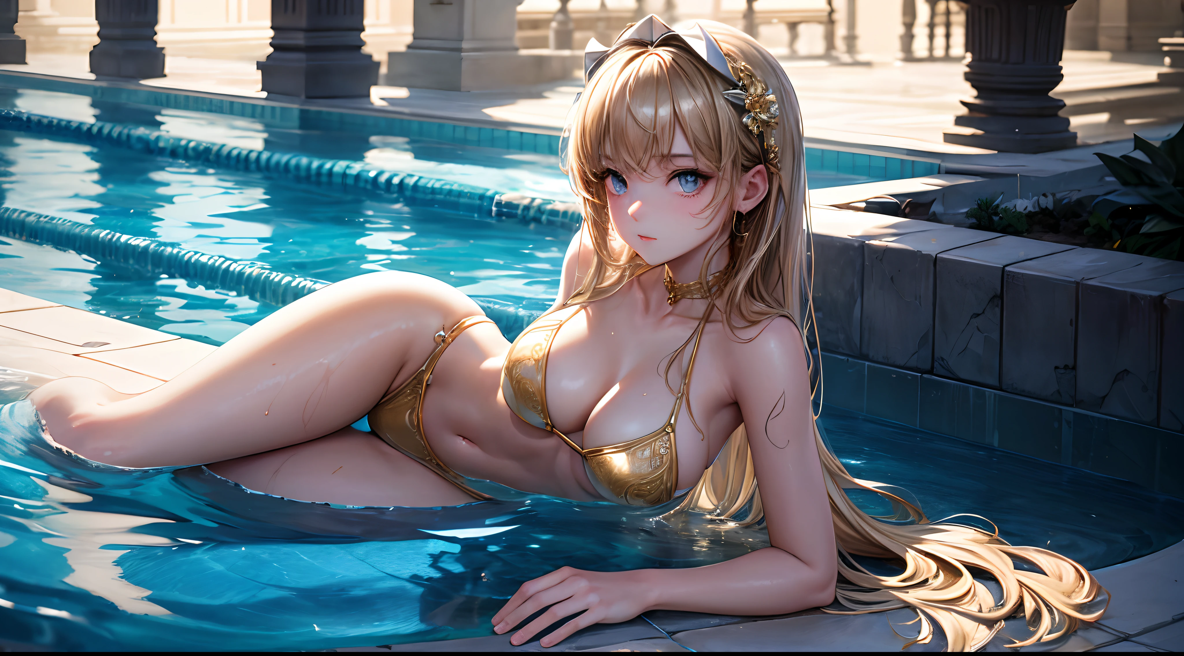 (masterpiece), (best quality), (ultra detailed),(disheveled hair), teen girl, Fashion model, looking at viewer, (detailed pool background),beautiful detailed eyes, delicate beautiful face, (high saturation), (shining), full body, best lighting, best shadow, solo, futuristic Bikini white and gold, seductive