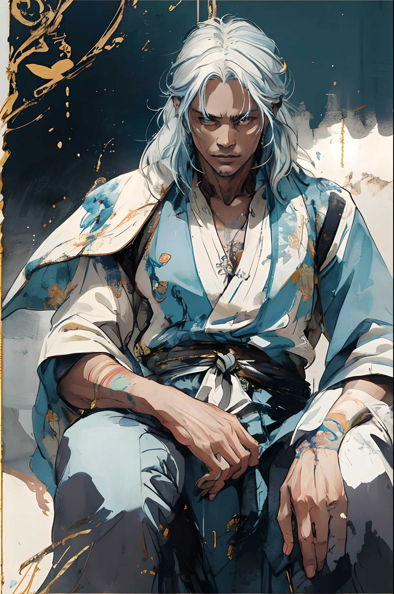 An elderly man with long thick grayish-blue hair, medium length hair, a kindly gaze, a gentle smile, a short neatly trimmed beard, a white fantasy wuxia-style outfit, a long yellow shawl over his shoulders, that shawl covering half of his body, a blue sash around his waist, traditional Chinese trousers, he sits on a wooden chair, in a forest cottage, with sunlight shining through the windows, this character embodies a finely crafted fantasy-style Chinese martial hero in anime style, characterized by an exquisite and mature manga illustration art style, high definition, best quality, highres, ultra-detailed, ultra-fine painting, extremely delicate, professional, anatomically correct, symmetrical face, extremely detailed eyes and face, high quality eyes, creativity, RAW photo, UHD, 8k, Natural light, cinematic lighting, masterpiece:1.5