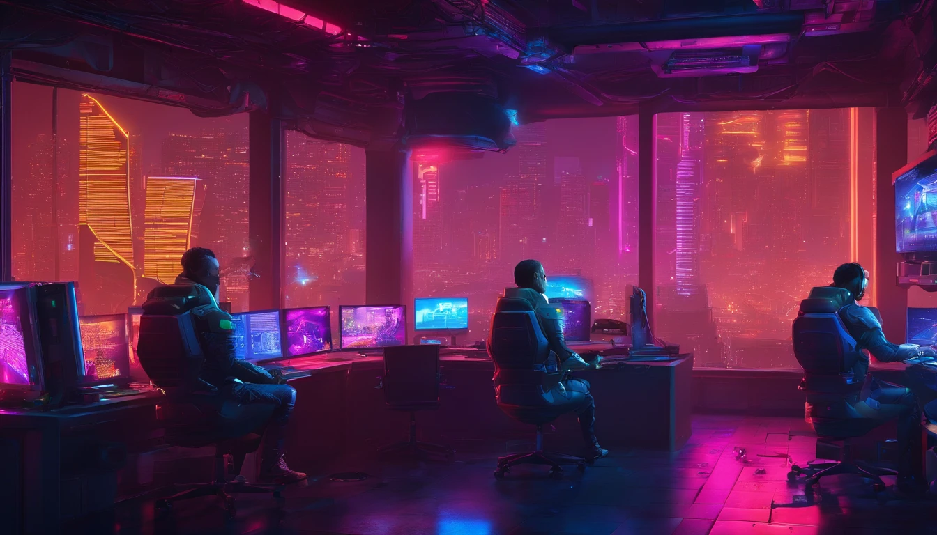 sala de jogos, Men sitting in gaming chair using computers full of codes, mesa cheia de pcs de jogos, luzes perfeitas, dark space, Dreamy appearance
