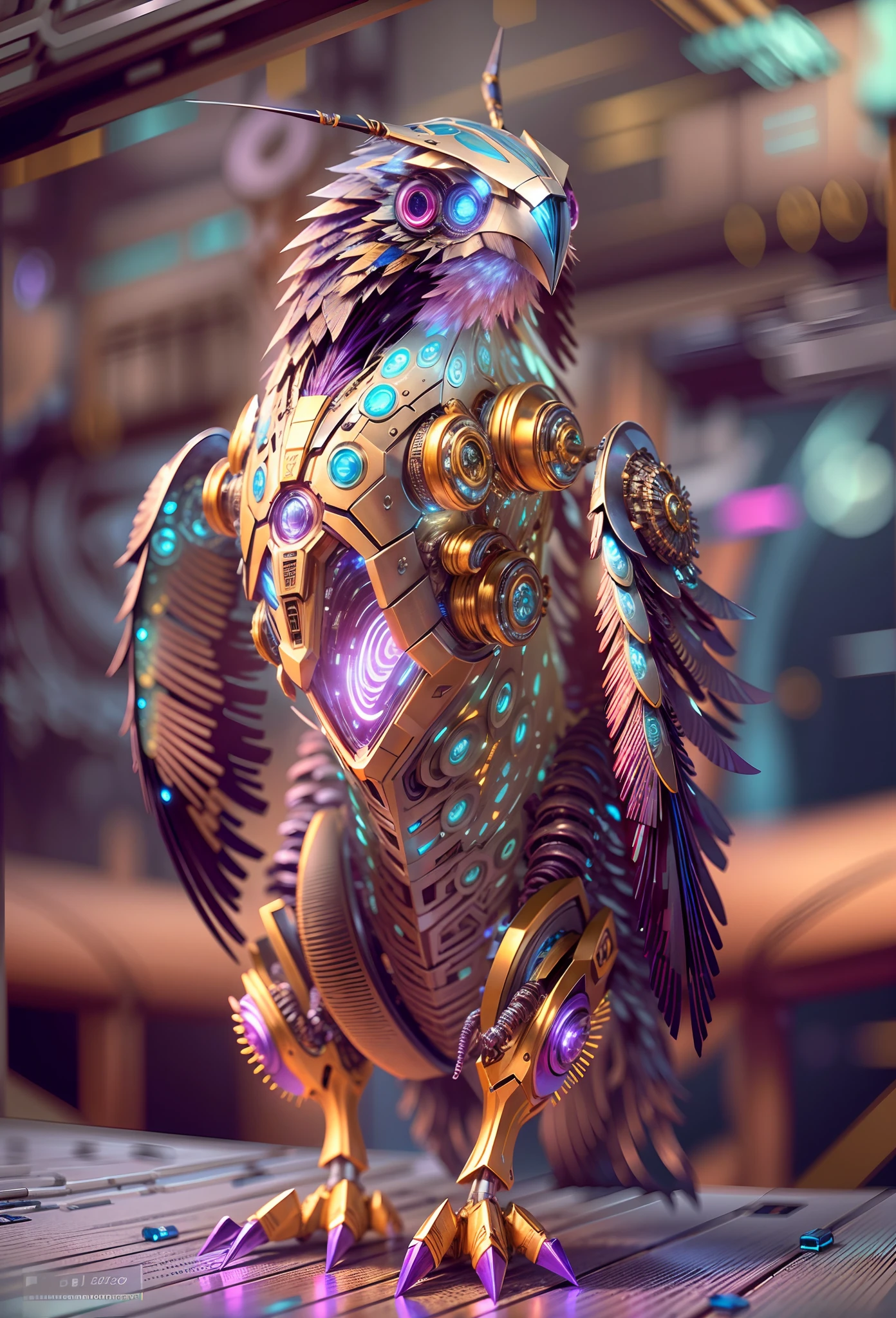 (Best quality, 8K,A high resolution,Masterpiece:1.2),Ultra-detailed),Futuristic robot owl,full bodyesbian,colorful neon,High-tech mechanical parts,Metal claws and wings,Metal heads and pecks,Metal feathers,Extremely cool,Metal legs,Bionic eye,Detailed feather design,sharp beak,hovers in mid-air,Electric blue and vivid purple,Vivid glowing eyes,Reflective metal surface,Gloomy environment,Dynamic pose,imposing presence,Technological progress,Interlocking mechanical gears,Dynamic and stylish design,motion blur effect,meticulous craftsmanship,Sci-fi atmosphere,Streamlined aerodynamic shape,Laser scanning pattern,holographic projections,Light-emitting circuit lines,hauntingly beautiful,Otherworldly precision,Advanced sensors,Complex algorithms,Ominous and mysterious atmosphere,electric sparks,Shiny chrome plating,Futuristic propulsion system, Mech4nim4lAI