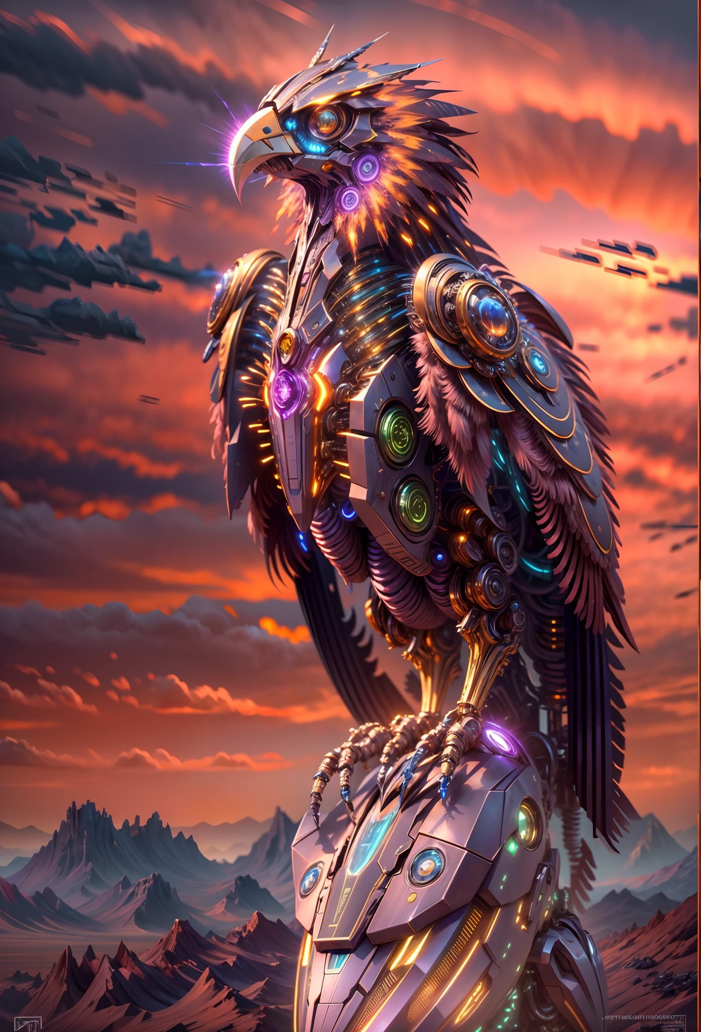(Best quality, 8K,A high resolution,Masterpiece:1.2),Ultra-detailed),Futuristic robot owl,full bodyesbian,colorful neon,High-tech mechanical parts,Metal claws and wings,Metal heads and pecks,Metal feathers,Extremely cool,Metal legs,Bionic eye,Detailed feather design,sharp beak,hovers in mid-air,Electric blue and vivid purple,Vivid glowing eyes,Reflective metal surface,Gloomy environment,Dynamic pose,imposing presence,Technological progress,Interlocking mechanical gears,Dynamic and stylish design,motion blur effect,meticulous craftsmanship,Sci-fi atmosphere,Streamlined aerodynamic shape,Laser scanning pattern,holographic projections,Light-emitting circuit lines,hauntingly beautiful,Otherworldly precision,Advanced sensors,Complex algorithms,Ominous and mysterious atmosphere,electric sparks,Shiny chrome plating,Futuristic propulsion system, Mech4nim4lAI