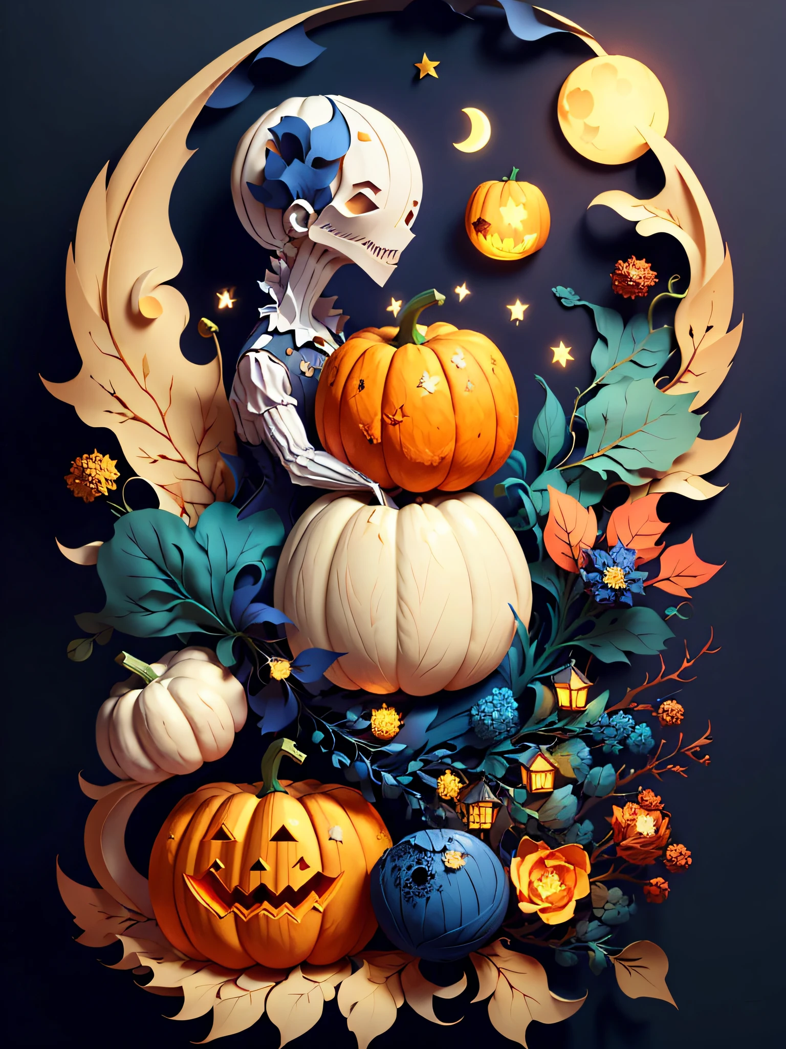 (((masterpiece))),best quality, illustration, pumpkins, ghosts , witches, moonlit, dark magic , paper_cut,