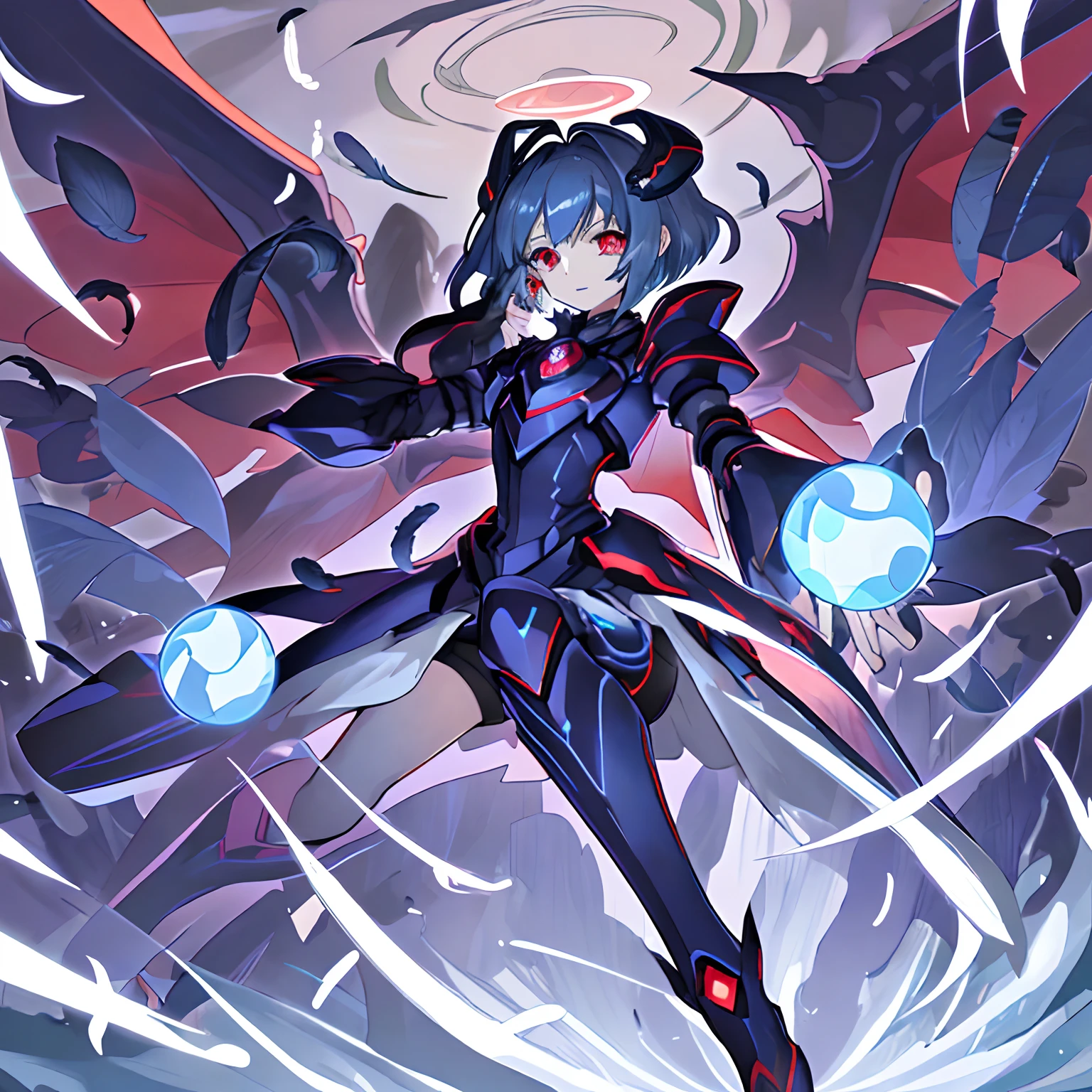 anime girl,blue hair, red eyes, blue metallic armor, wings with blue orbs, masterpiece, 4k, absurdres,yugioh style
yugioh monster
glowing
outline
,whirlwind of feathers background