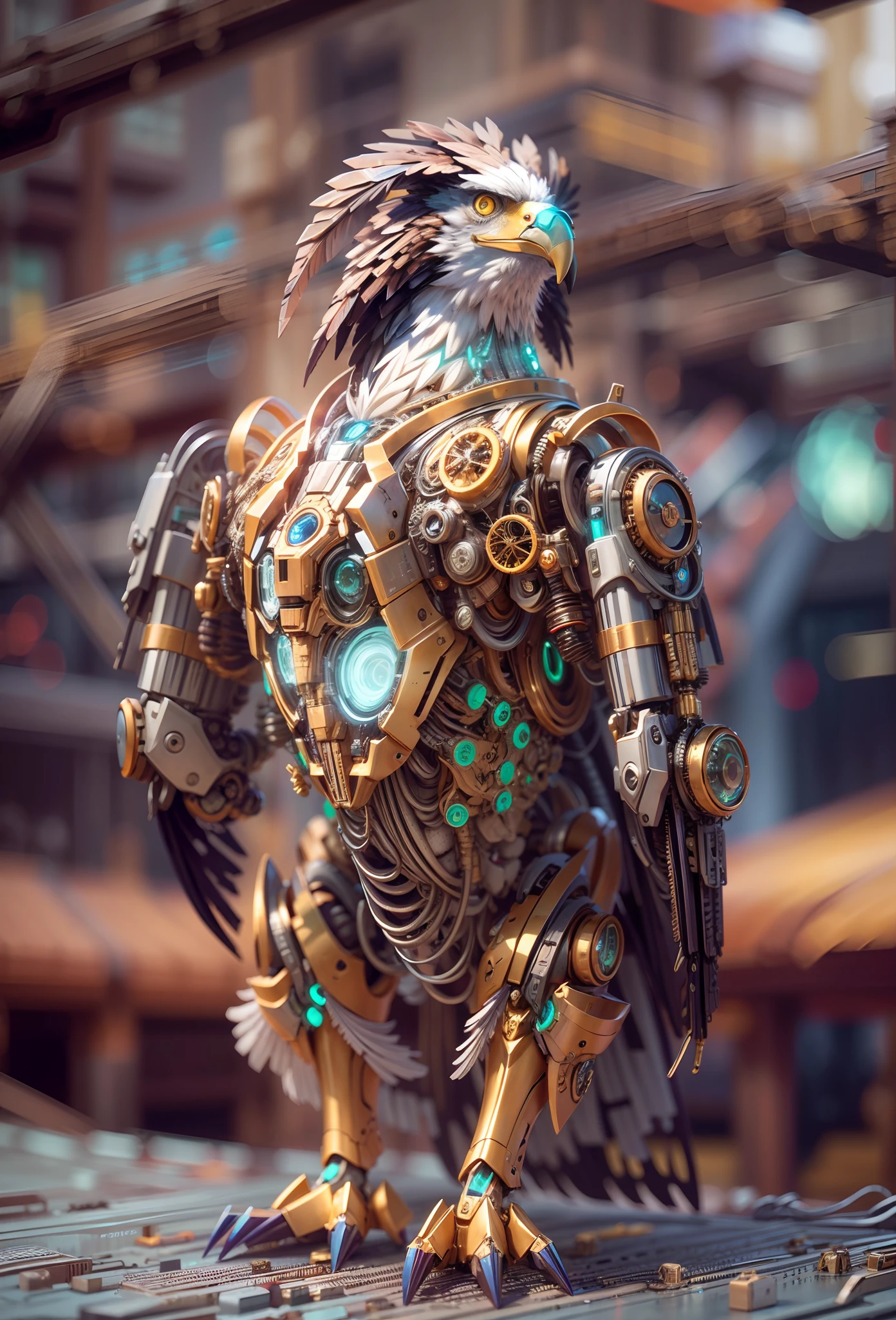 personification,Transparent mechanical bald eagle,Cyberpunk, Dreamy Glow, Luminous neon lamp, ( Global illumination, raytracing, HDR, unreal render,reasonable design, high detailed, masterpiece, best quality, UHD, Cinematic Lighting), mecha musume,meccog cog, antitech