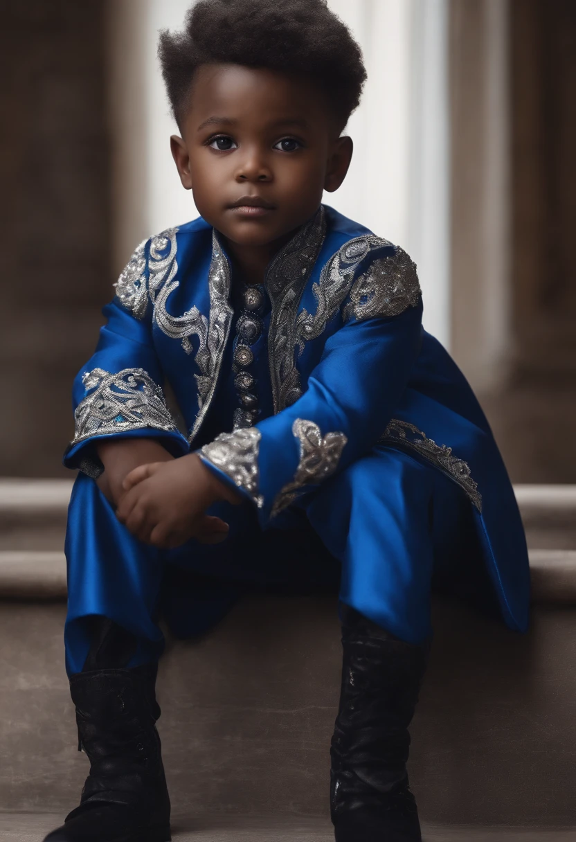 5-year-old boy with pointed ears, ebony skin, sapphire blue eyes, silver hair, and wearing blue and silver prince clothes