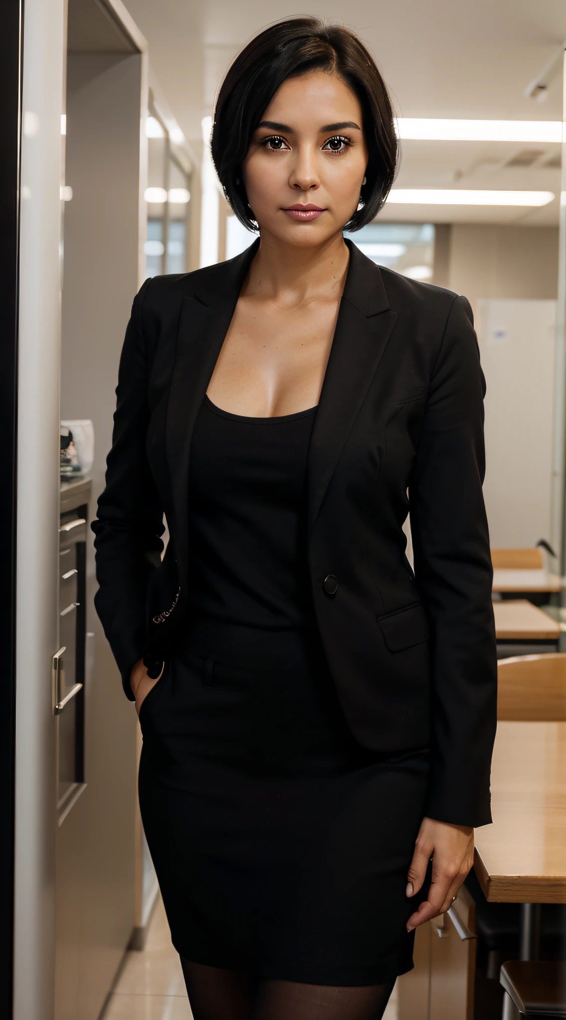 "Portrait of a confident 40-year-old woman with short, black hair and warm brown eyes, striking an empowered, entrepreneurial pose. She's dressed in a sharp, professional outfit, radiating determination and sophistication as she embodies the essence of a successful businesswoman."