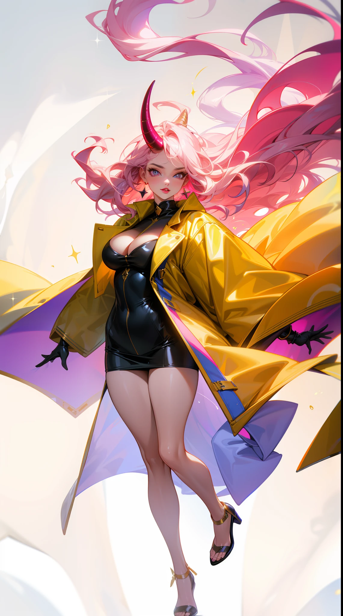 (best quality:1.5, highres, UHD, 4K, detailed lighting, shaders), white wavy hair, large breasts, demon horn, woman jacket, long coat, (pov), full body, white background, colorful eyeshadow, dramatic lighting, sparkling eyes, pink lipstick, confident expression, golden earrings, flowing hair, delicate facial features, soft skin, high cheekbones, stylish clothing, urban setting,white background