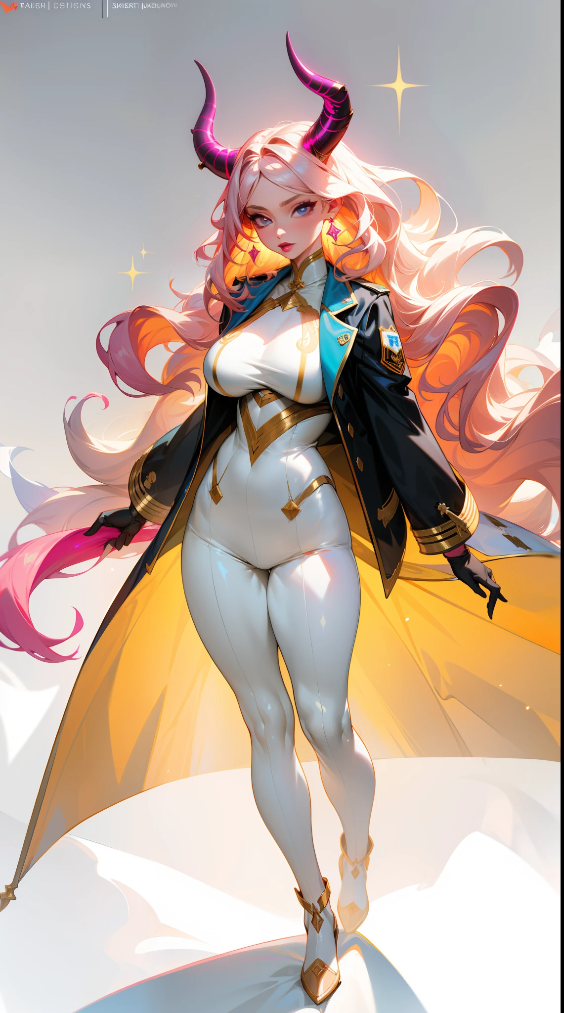 (best quality:1.5, highres, UHD, 4K, detailed lighting, shaders), white wavy hair, large breasts, demon horn, woman jacket, long coat, (pov), full body, white background, colorful eyeshadow, dramatic lighting, sparkling eyes, pink lipstick, confident expression, golden earrings, flowing hair, delicate facial features, soft skin, high cheekbones, stylish clothing, urban setting,white background