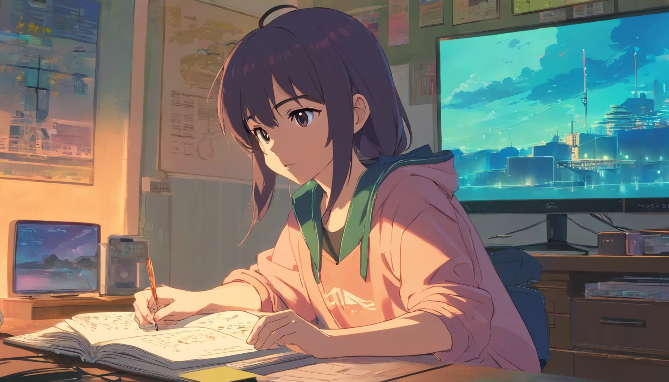 (zero), estudando em seu quarto, Ler um livro, Use fones de ouvido, , luzes noturnas, Neon landscape on a rainy day,analog color theme, Lo-Fi Hip Hop , retrospectiva, plano, 2.5D ,Desenhar uma linha, desenho a tinta digital, Great slope, pintura em aquarela, Goosch Cores, Estilo Studio Ghibli, Amazing color, Tonelada Exterior, Synthwave, Arte Lofi,Estilo anos 90,textura antiga, amplitude,Vibe dos anos 90, masutepiece, Tecnologia tremenda, 16:Escala 9