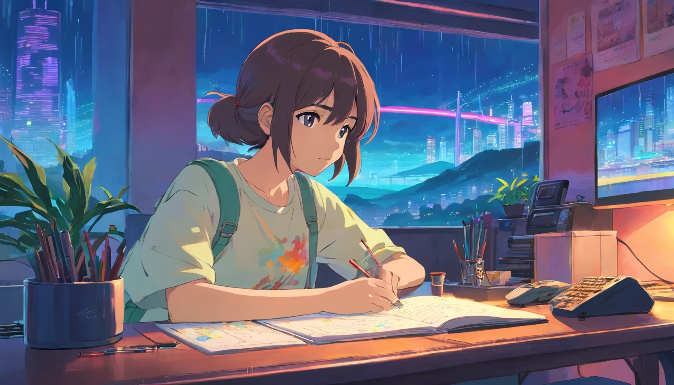 (zero), Menina estudando em seu quarto, Ler um livro, Use fones de ouvido, , luzes noturnas, Neon landscape on a rainy day,analog color theme, Lo-Fi Hip Hop , retrospectiva, plano, 2.5D ,Desenhar uma linha, desenho a tinta digital, Great slope, pintura em aquarela, Goosch Cores, Estilo Studio Ghibli, Amazing color, Tonelada Exterior, Synthwave, Arte Lofi,Estilo anos 90,textura antiga, amplitude,Vibe dos anos 90, masutepiece, Tecnologia tremenda, 16:Escala 9