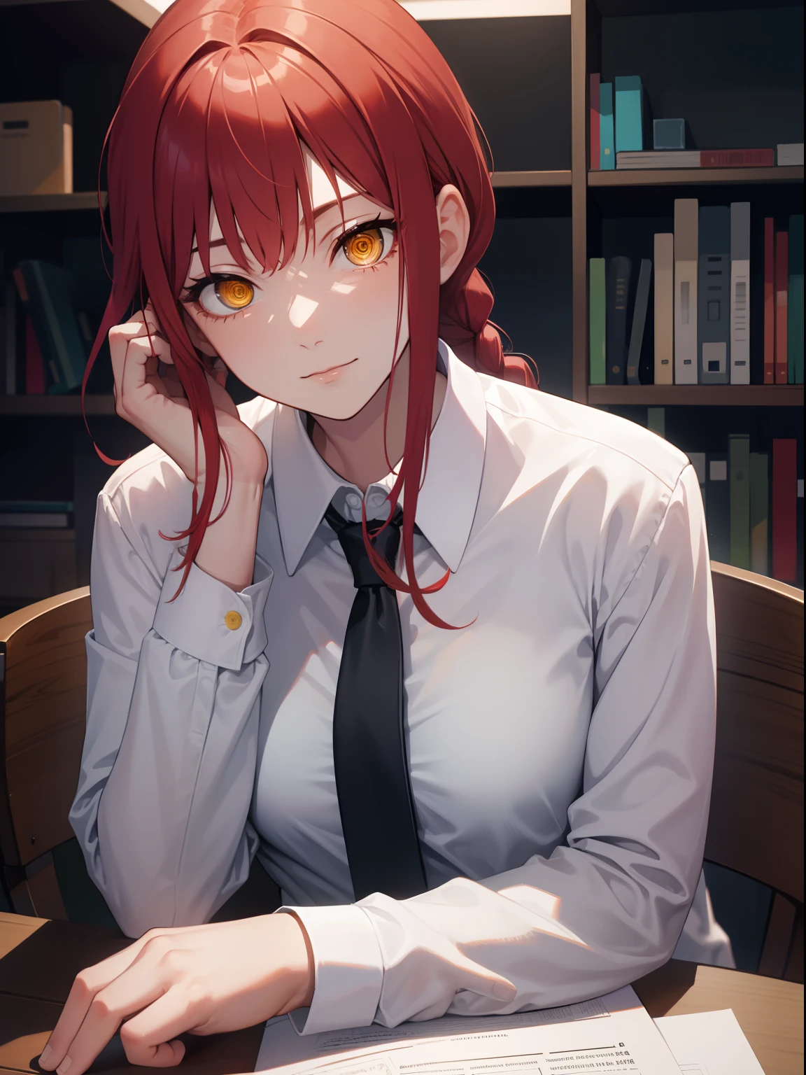 makima, makima, long hair, smile, closed mouth bangs, medium breasts, (yellow eyes:1.2), braid, red hair, braided ponytail, ringed eyes, BREAK shirt, long sleeves, jacket, white shirt, cleavage, sitting on table, loose necktie, collared shirt, pants, black jacket, black blazer, black pants, formal, suit, loose black necktie, shirt tucked in, office lady, BREAK indoors, office, BREAK looking at viewer, BREAK (masterpiece:1.2), best quality, high resolution, unity 8k wallpaper, (illustration:0.8), (beautiful detailed eyes:1.6), extremely detailed face, perfect lighting, extremely detailed CG, (perfect hands, perfect anatomy),