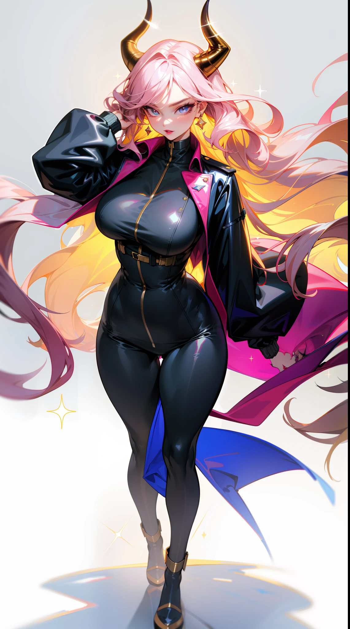 (best quality:1.5, highres, UHD, 4K, detailed lighting, shaders), white wavy hair, large breasts, demon horn, woman jacket, long coat, (pov), full body, white background, colorful eyeshadow, dramatic lighting, sparkling eyes, pink lipstick, confident expression, golden earrings, flowing hair, delicate facial features, soft skin, high cheekbones, stylish clothing, urban setting,white background