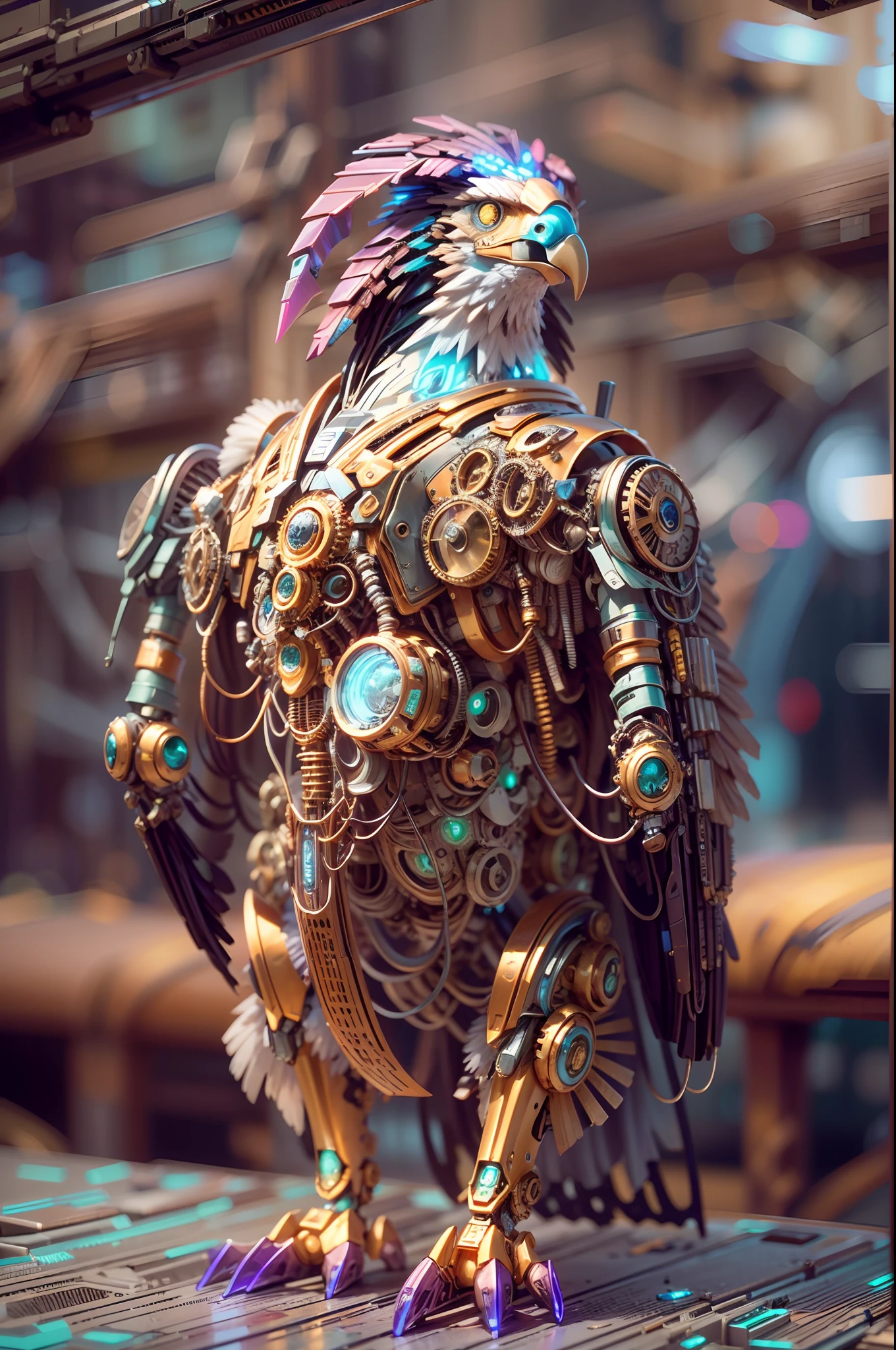 personification，Transparent mechanical bald eagle，Cyberpunk, Dreamy Glow, Luminous neon lamp, ( Global illumination, raytracing, HDR, unreal render,reasonable design, high detailed, masterpiece, best quality, UHD, Cinematic Lighting), mecha musume，meccog cog