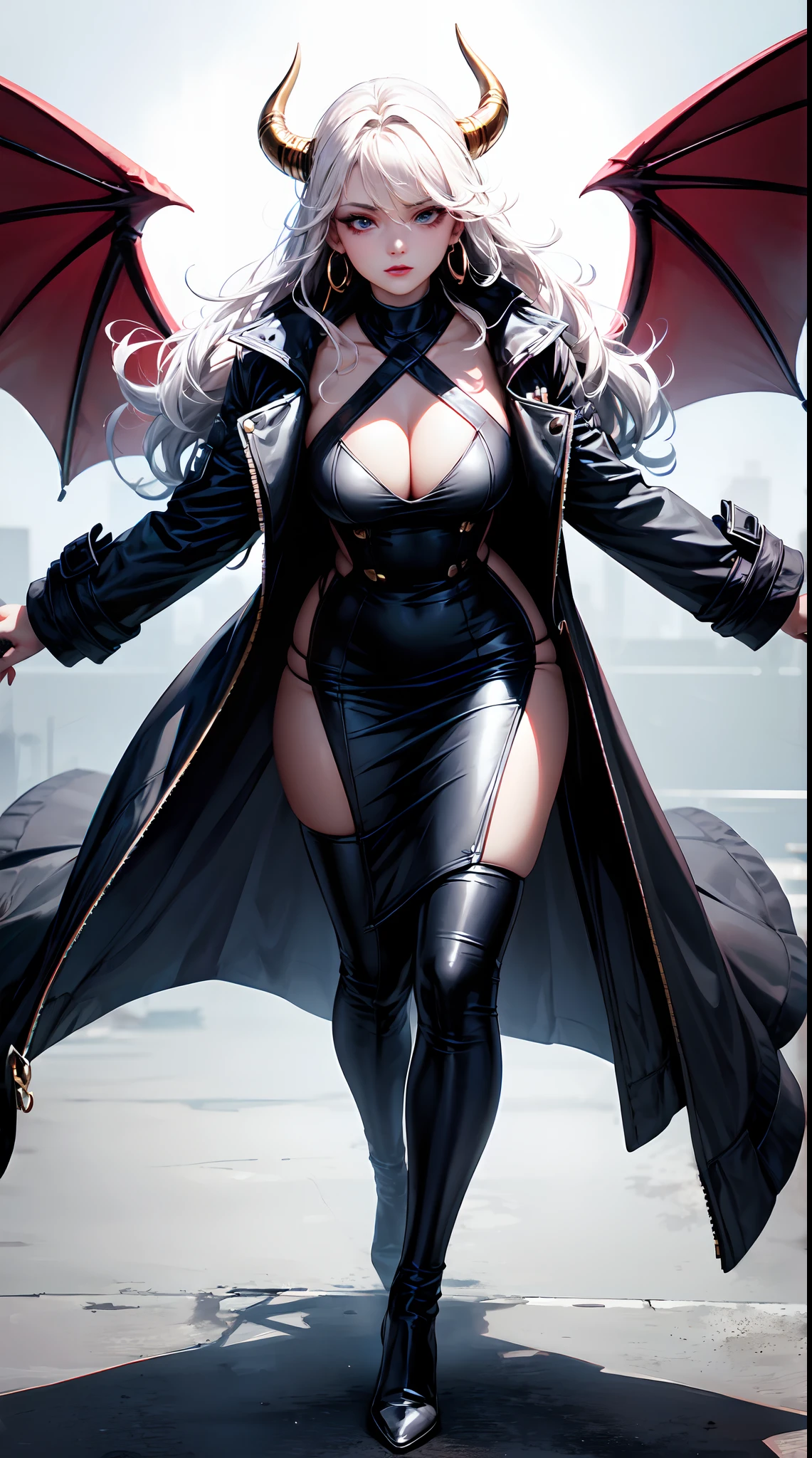(best quality:1.5, highres, UHD, 4K, detailed lighting, shaders), white wavy hair, large breasts, demon horn, woman jacket, long coat, (pov), full body, white background, colorful eyeshadow, dramatic lighting, sparkling eyes, pink lipstick, confident expression, golden earrings, flowing hair, delicate facial features, soft skin, high cheekbones, stylish clothing, urban setting,white background