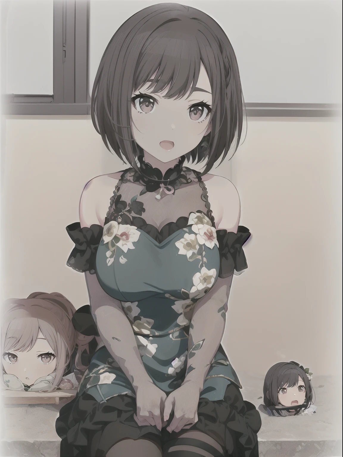 ((high-level image quality，hightquality，ultra-detailliert，8K，masuter piece，Fine details，​masterpiece)），(Beautiful girl in anime illustration)，Kawaii Girl，((Green and black idol costumes))，Gray-eyed idol with black hair，Idol Kawaii Girl，，Photograph the whole body，cleavage of the breast，Finest hour，teak、Embarrassed look，Tsundere，1girl in，独奏，Cute anime girl，Detailed anime girls，Beautiful illustrations，Shinonome picture name
