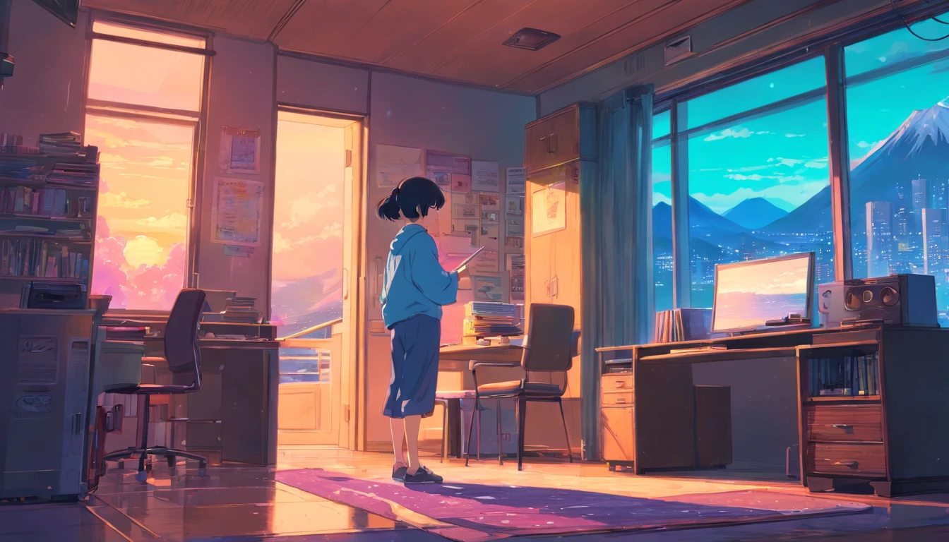 (zero), Menina estudando em seu quarto, Ler um livro, Use fones de ouvido, , luzes noturnas, Neon landscape on a rainy day,analog color theme, Lo-Fi Hip Hop , Hindsight, Plano, 2.5D ,Desenhar uma linha, desenho a tinta digital, Great slope, pintura em aquarela, Goosch Cores, Ghibli Style Studio, amazing color, Tonelada exterior, Synthwave, Arte Lofi,Estilo anos 90,textura antiga, amplitude,Vibe dos anos 90, masutepiece, Tecnologia tremenda, 16:Escala 9