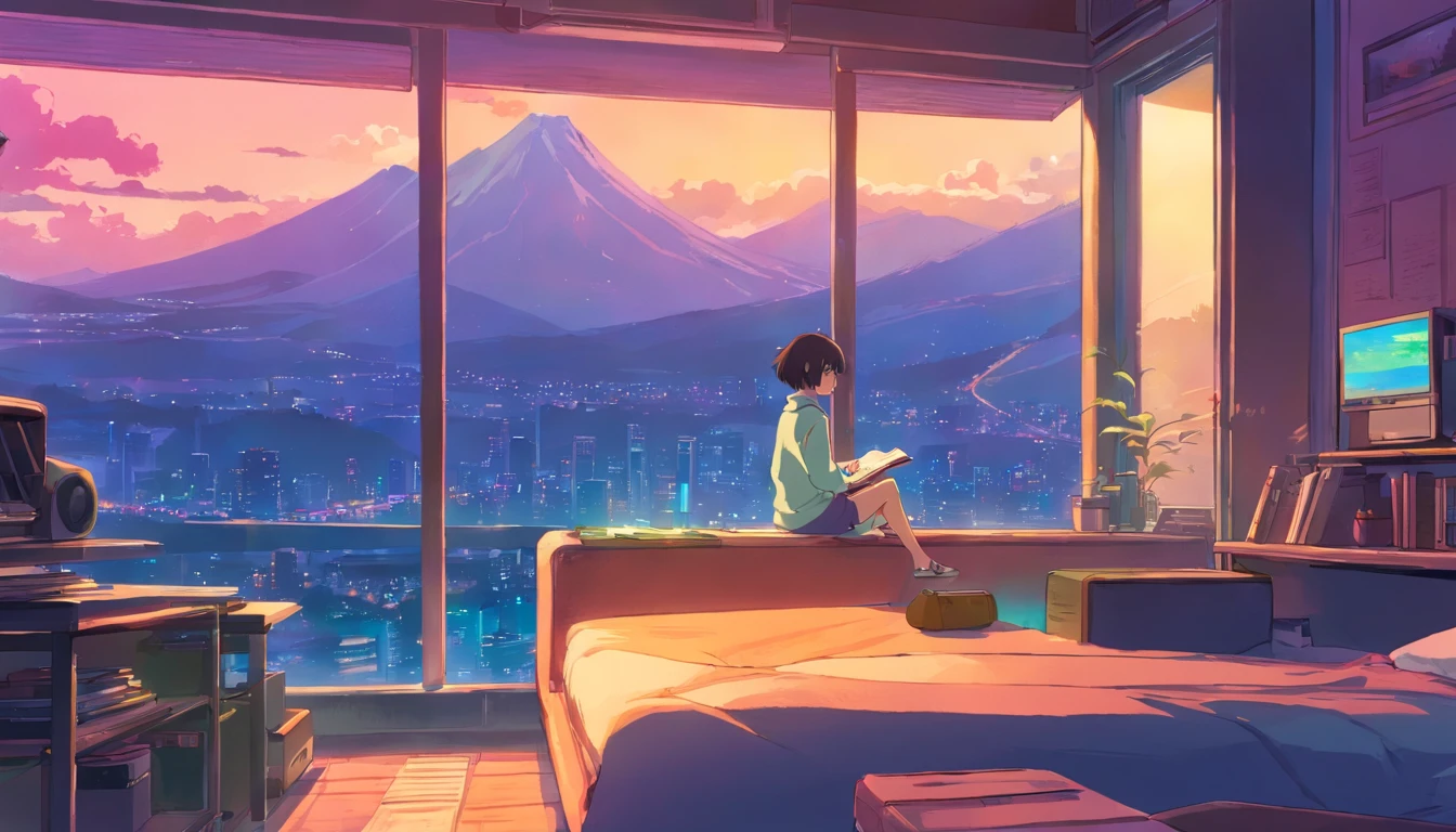 (zero), Menina estudando em seu quarto, Ler um livro, Use fones de ouvido, , luzes noturnas, Neon landscape on a rainy day,analog color theme, Lo-Fi Hip Hop , Hindsight, Plano, 2.5D ,Desenhar uma linha, desenho a tinta digital, Great slope, pintura em aquarela, Goosch Cores, Ghibli Style Studio, amazing color, Tonelada exterior, Synthwave, Arte Lofi,Estilo anos 90,textura antiga, amplitude,Vibe dos anos 90, masutepiece, Tecnologia tremenda, 16:Escala 9