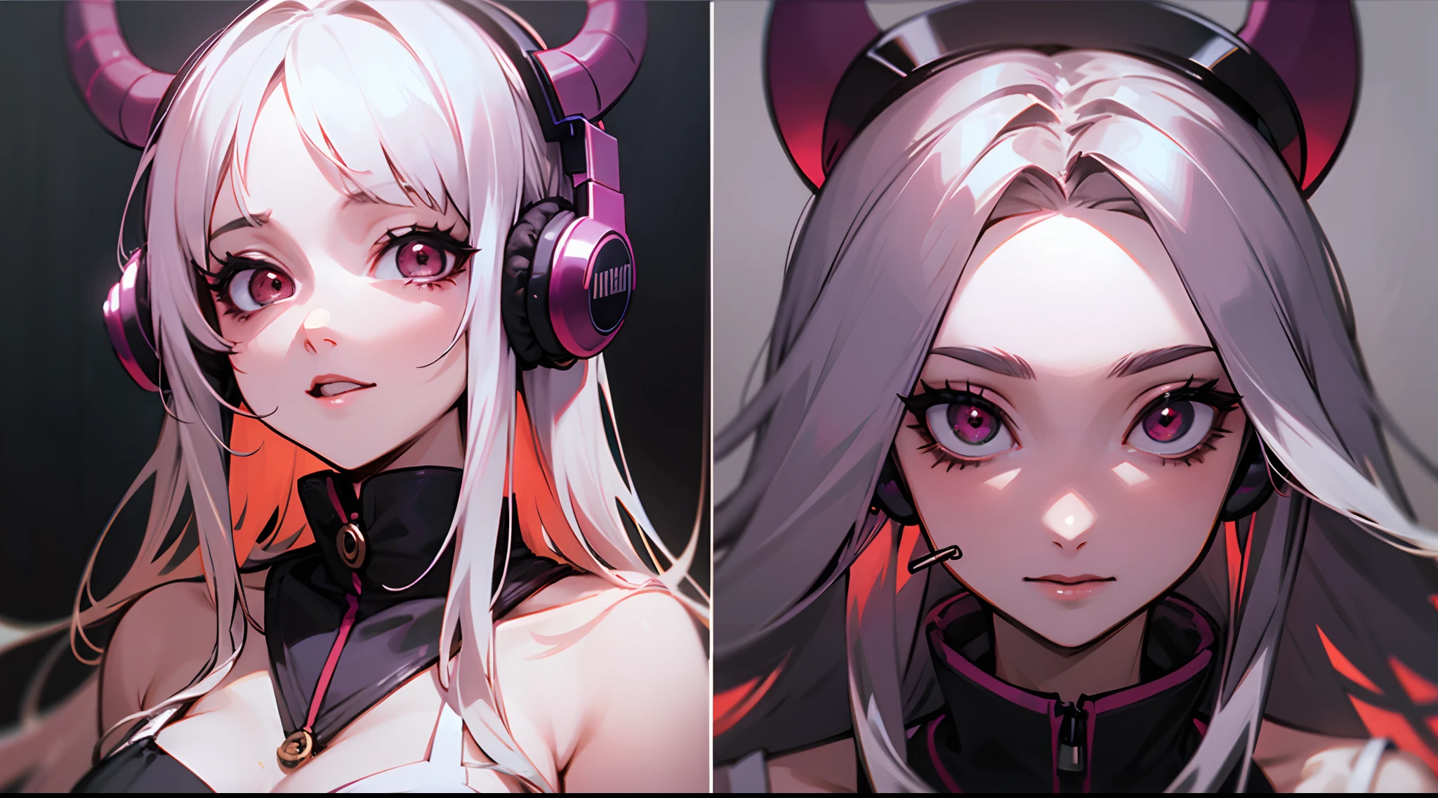 garota demonio bonita, de cabelos vermelhos, roupas decotadas e olhos extremamente detalhados, usando headphone