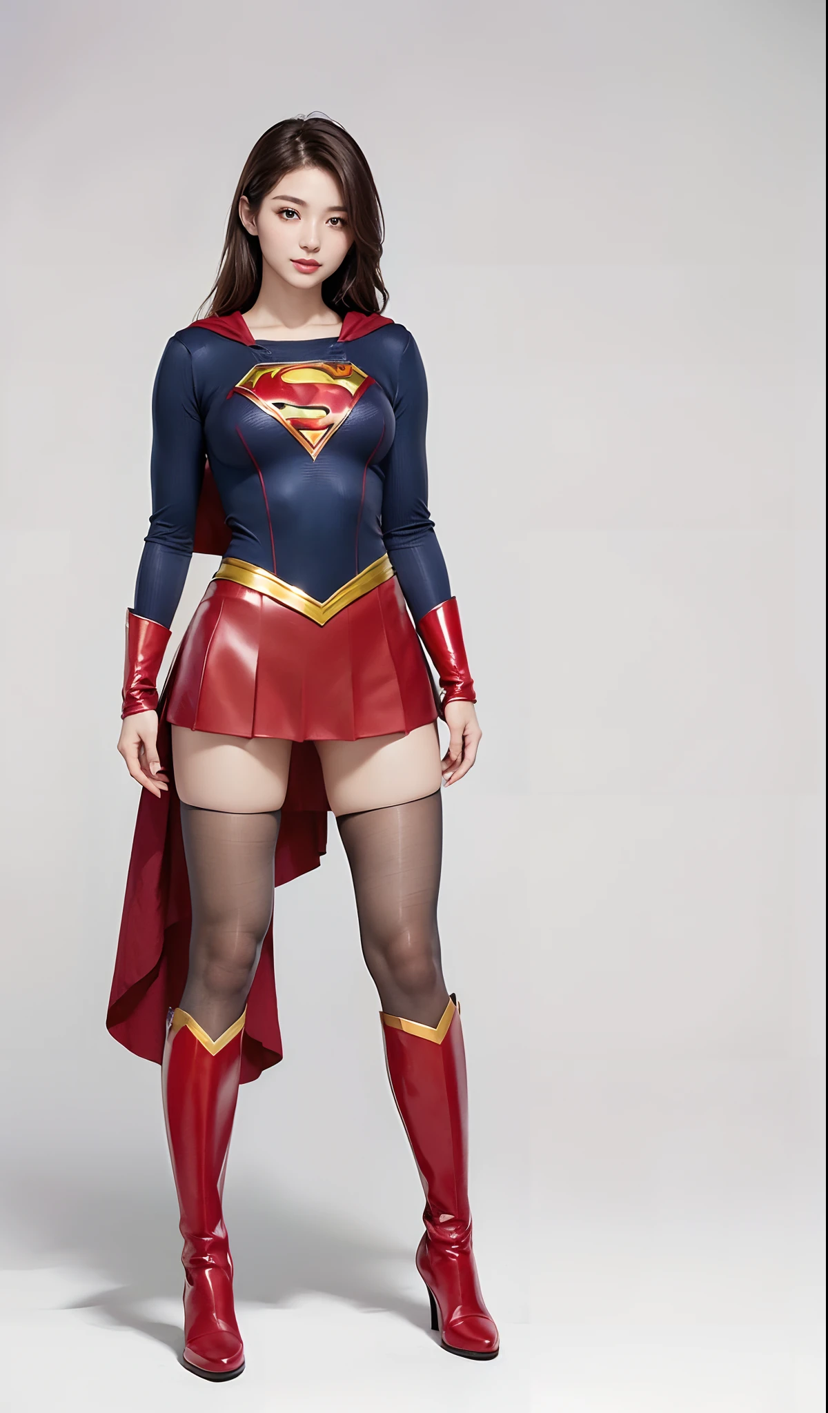 (((Wear black tights on your beautiful legs.)))、(((Grow legs、tall、beauty legs)))、(((facial expression of smile)))、((((Make the most of the original image)))、(((Supergirl Costume)))、(((beautiful hairl)))、(((Suffering)))、(((Feet must necessarily be worn with black tights)))、(((You need to wear red boots)))、((Top image quality、8K))、((top-quality、8K、​masterpiece:1.3))、(((Keep your background simple)))、Crisp focus:1.2、Beautiful woman with perfect body shape:1.4、Slender Abs:1.2、Highly detailed facial and skin texture、8K