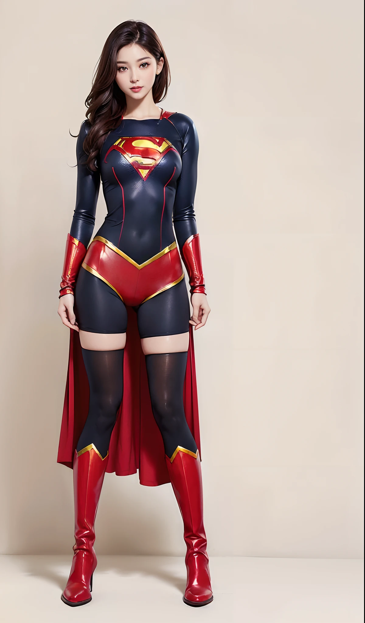 (((Wear black tights on your beautiful legs.)))、(((Grow legs、tall、beauty legs)))、(((facial expression of smile)))、((((Make the most of the original image)))、(((Supergirl Costume)))、(((beautiful hairl)))、(((Suffering)))、(((Feet must necessarily be worn with black tights)))、(((You need to wear red boots)))、((Top image quality、8K))、((top-quality、8K、​masterpiece:1.3))、(((Keep your background simple)))、Crisp focus:1.2、Beautiful woman with perfect body shape:1.4、Slender Abs:1.2、Highly detailed facial and skin texture、8K