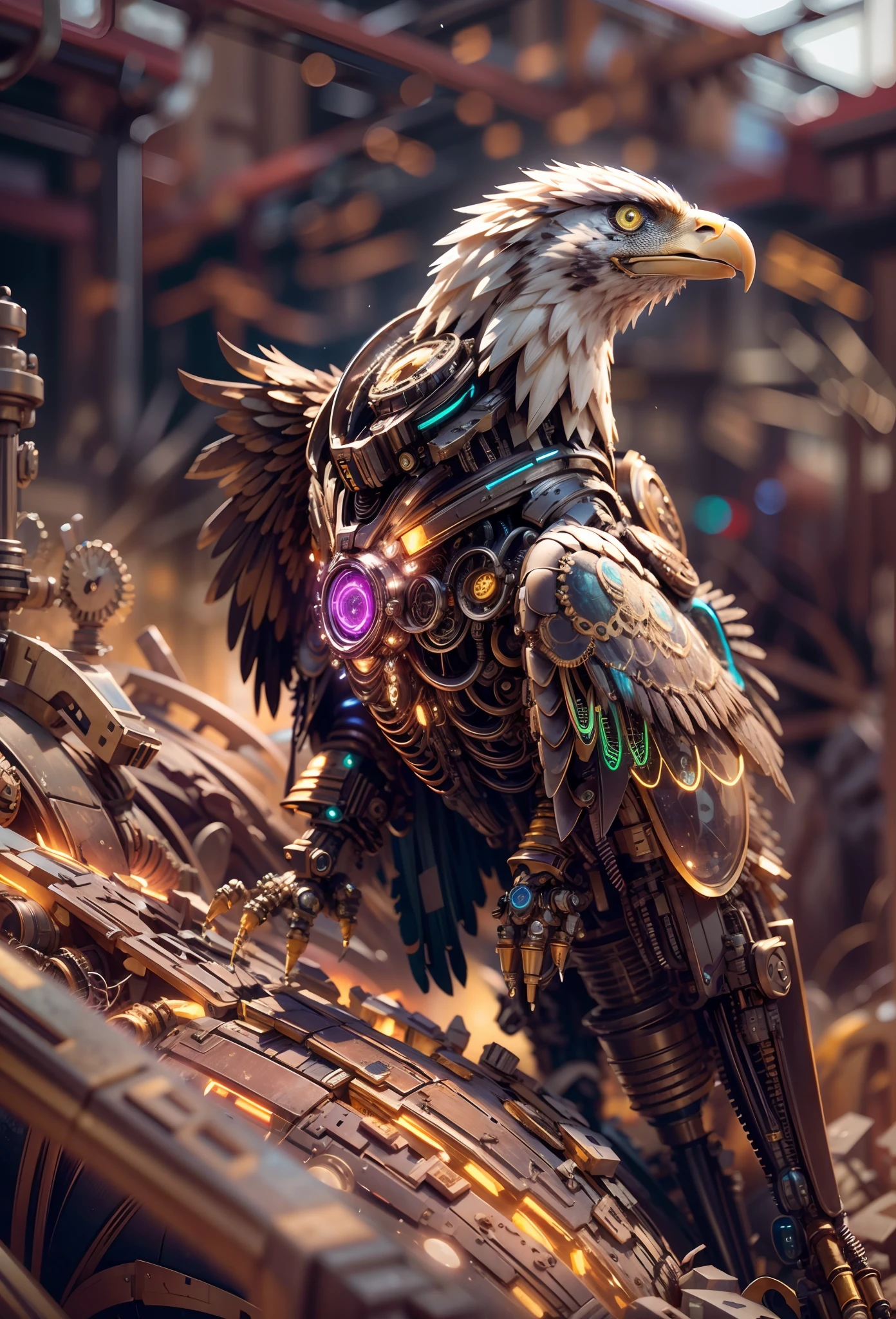 personification，Transparent mechanical bald eagle，Cyberpunk, Dreamy Glow, Luminous neon lamp, ( Global illumination, raytracing, HDR, unreal render,reasonable design, high detailed, masterpiece, best quality, UHD, Cinematic Lighting), mecha musume，meccog cog