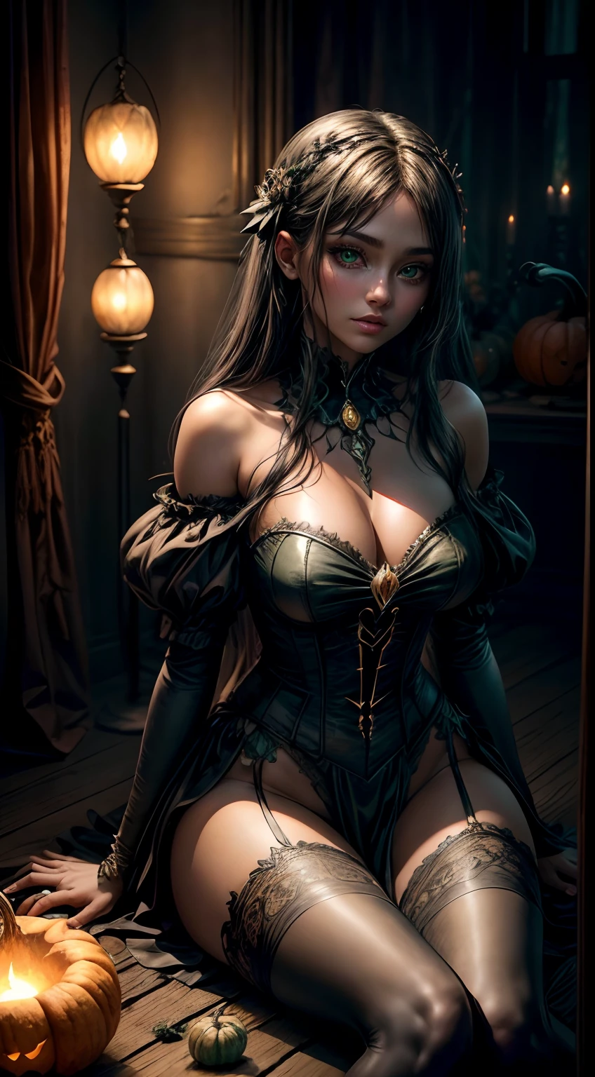 (a sorceress:1.1,moonlight,pumpkin:1.1,glowing eerie,spooky:1.1,atmospheric:1.1,golden hour,enchanting, dark, vibrant colors:1.1)
(best quality, 4k, highres, detailed:1.2), In this prompt, I'd like you to generate a high-quality image of a sorceress under the moonlight, with her pumpkin casting an eerie glow. The scene should evoke a spooky and atmospheric feeling. The lighting should capture the magical mood of the golden hour, creating an enchanting atmosphere. Please make sure to emphasize the dark and mysterious elements in the image. Use Emerald colors to enhance the visual impact and create a captivating and mesmerizing scene, a black cat sitting in front of her legs, ((green eyes))