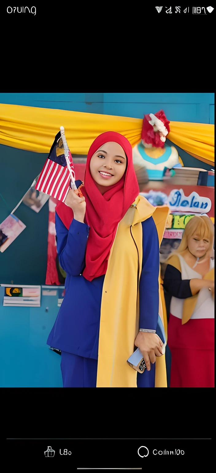 Cute malaysian girl with hijab holding malaysian flag with nametag Miss Dot