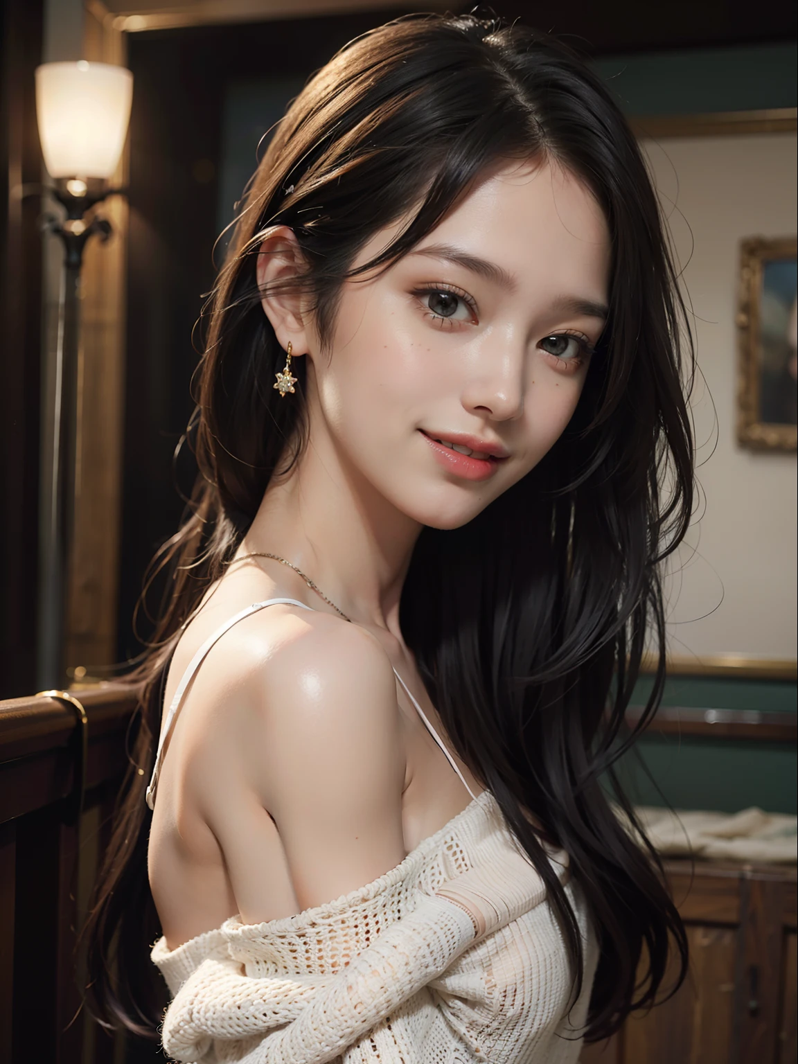 best quality, masterpiece, ultra high res, photorealistic, 1girl, offshoulder, smile