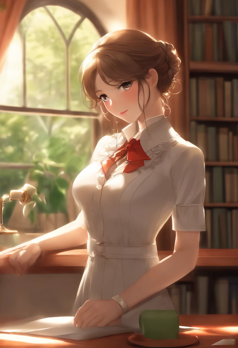 ((master part,best quality, high resolution)), 1girl, sozinho, olhos verdes, cabelo longo loiro amarrado com fita azul, franja contundente, sentado, arms crossed on the table, sleep with arms crossed, Uniforme escolar, Serafuku branco, colar de marinheiro vermelho, mangas curtas, Saia plissada branca, (na biblioteca), dramatic light, janela ao lado, Afternoon light through the window, Tarde, Efeito bokeh