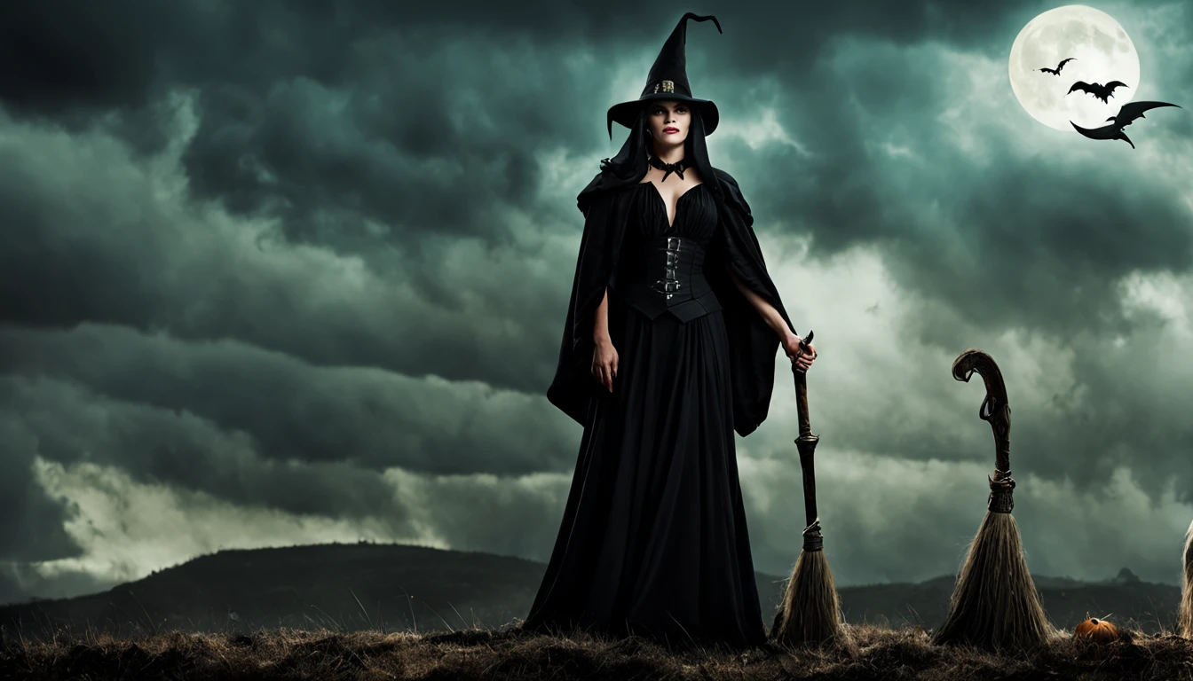 Bruxa "Reese Witherspoon" with pumpkin and broom, Em um estilo de dia das bruxas, dia das bruxas, tema halloween, bruxa feminina bonita, menina bruxa mecanizada, supervillain sorceress witch, bruxa feiticeira do mal, Uma bruxa, bruxa escura da moda, bruxa, Scarry mas enfeitiçando, bruxa castlevania, mulher feiticeira, Travessuras ou gostosuras, personagem bruxa escura, beautiful witch spooky female