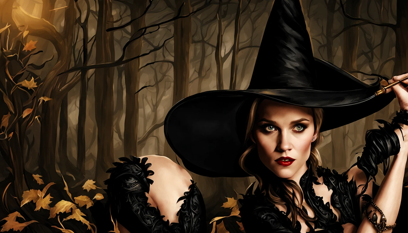 Bruxa "Reese Witherspoon" with pumpkin and broom, Em um estilo de dia das bruxas, dia das bruxas, tema halloween, bruxa feminina bonita, menina bruxa mecanizada, supervillain sorceress witch, bruxa feiticeira do mal, Uma bruxa, bruxa escura da moda, bruxa, Scarry mas enfeitiçando, bruxa castlevania, mulher feiticeira, Travessuras ou gostosuras, personagem bruxa escura, beautiful witch spooky female