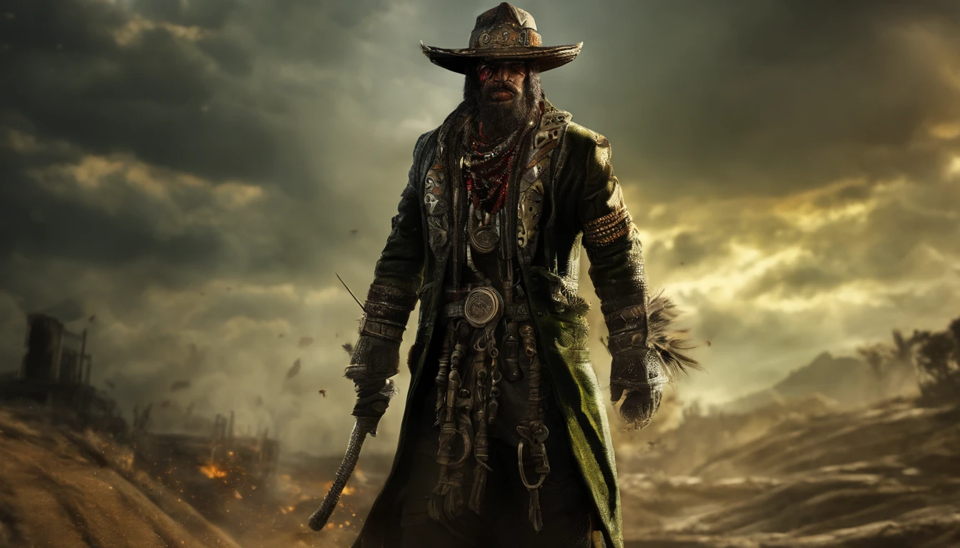 There's a man with a beard and hat with a machine, Cyber Steampunk 8 K 3D, Velho cyberpunk, Papel de parede solarpunk 4k, Arte digital altamente detalhada em 4k, cyber steampunk, soldado futurista, cyber space cowboy, epic scifi character art, sci - personagem de fi, Epic Sci - Arte do Personagem de Fi:, Epic Sci-Fi Character Art, greenish tinge