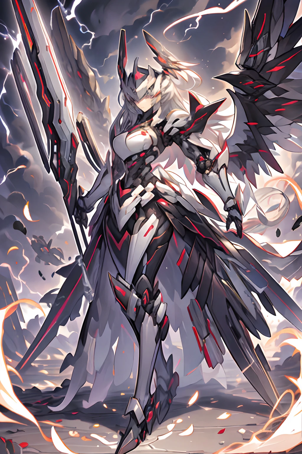 armored bird creature, masterpiece, 4k, absurdres,yugioh style
yugioh monster
glowing
outline
,whirlwind of feathers background,black mechanical wings,dark clouds, lightning,, highly detailed CG unified 8K wallpapers, 8k uhd, dslr, high quality, ((a woman in black mechanical armor