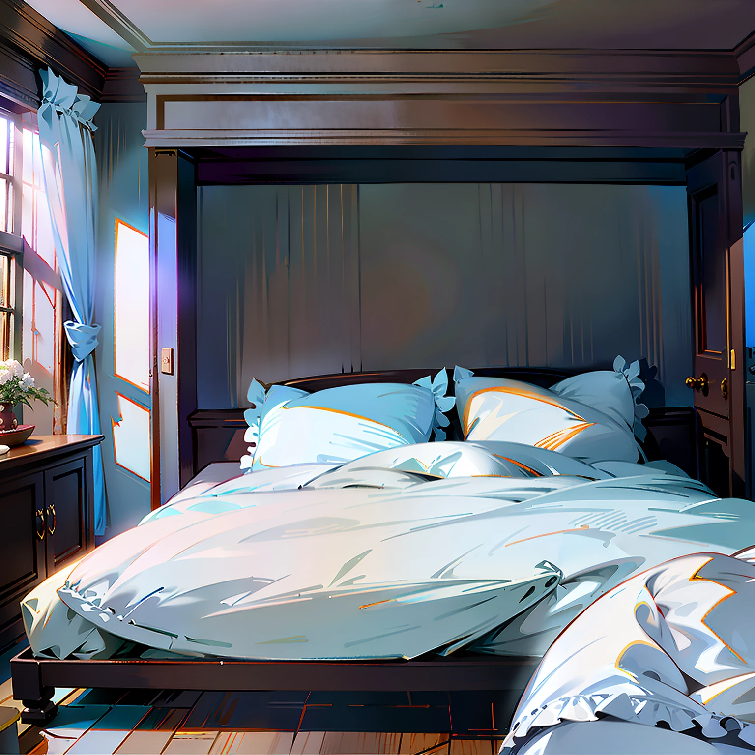 there is a bed with a canopy in a room with a window, bedroom background, personal room background, dim bedroom, bed on the right, bed room, bed, style of madhouse studio anime, realistic afternoon lighting, dark bedroom, interior background art, photorealistic room, dimly lit bedroom, lighting study, inside of a bedroom, bedroom in studio ghibli