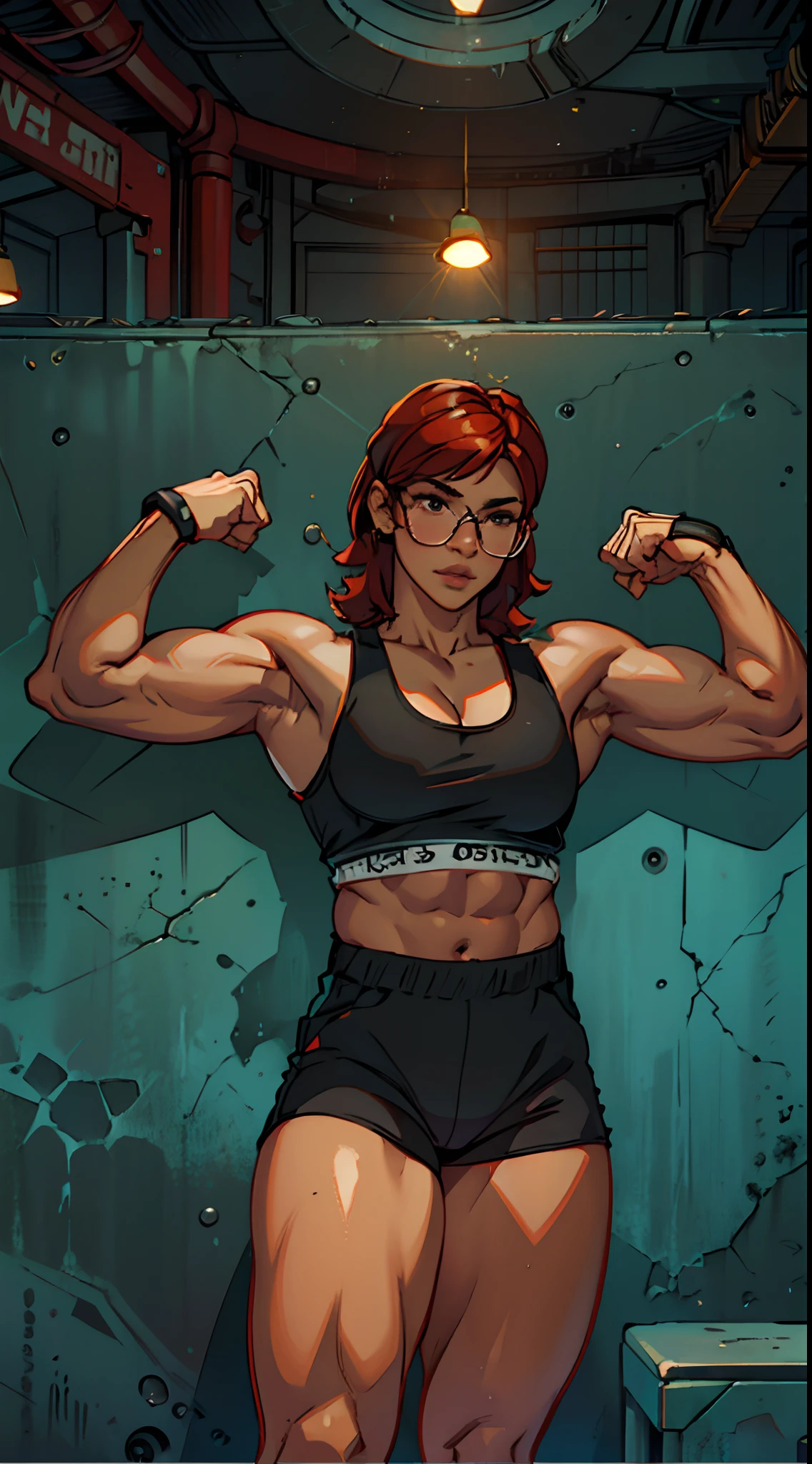 Zephyra-37's female gender was created from the human genome and has been heavily modified, has horns covered with skin similar to those of tiefling, has four skin colors that can change from green, red, orange and blue, has pupils like goat skin, can change from copper to smooth and rough ears long and pointed, and her hair changes color to match the skin color all over her body, she can generate tattoos with various patterns as she desires, her iris changes color to an analog color to the skin and glows, her nails also glow, on her neck she has something that resembles a LED panel that lights up
If Ava is a biological-mechanical hybrid, her body could be constructed from a combination of natural muscle tissue and cybernetic enhancements. I can't give an exact percentage, but we can imagine that key components of her strength come from the muscles that are supported or strengthened by the mechanical implants.
In such a configuration, Ava could achieve significant increases in muscle mass and strength by combining natural genetics with highly advanced technology that would enable her to do so. In this way, her body could tell the story of the limits of human potential as they are expanded by cybernetics.
Inside, Ava's natural muscles can be interwoven with thin fibers of nanomaterials that act as splints to support and strengthen the muscle structures without adding bulk. These fibers could also monitor muscle health and deliver drugs or nutrients directly to the tissue when needed.
sports tracksuit, cyborg, steroids, connection between the skin, cracked skin like cracked school, wet body, latex top, swelling muscles, eyes shadows, female, anime, bulgy muscle, v taper