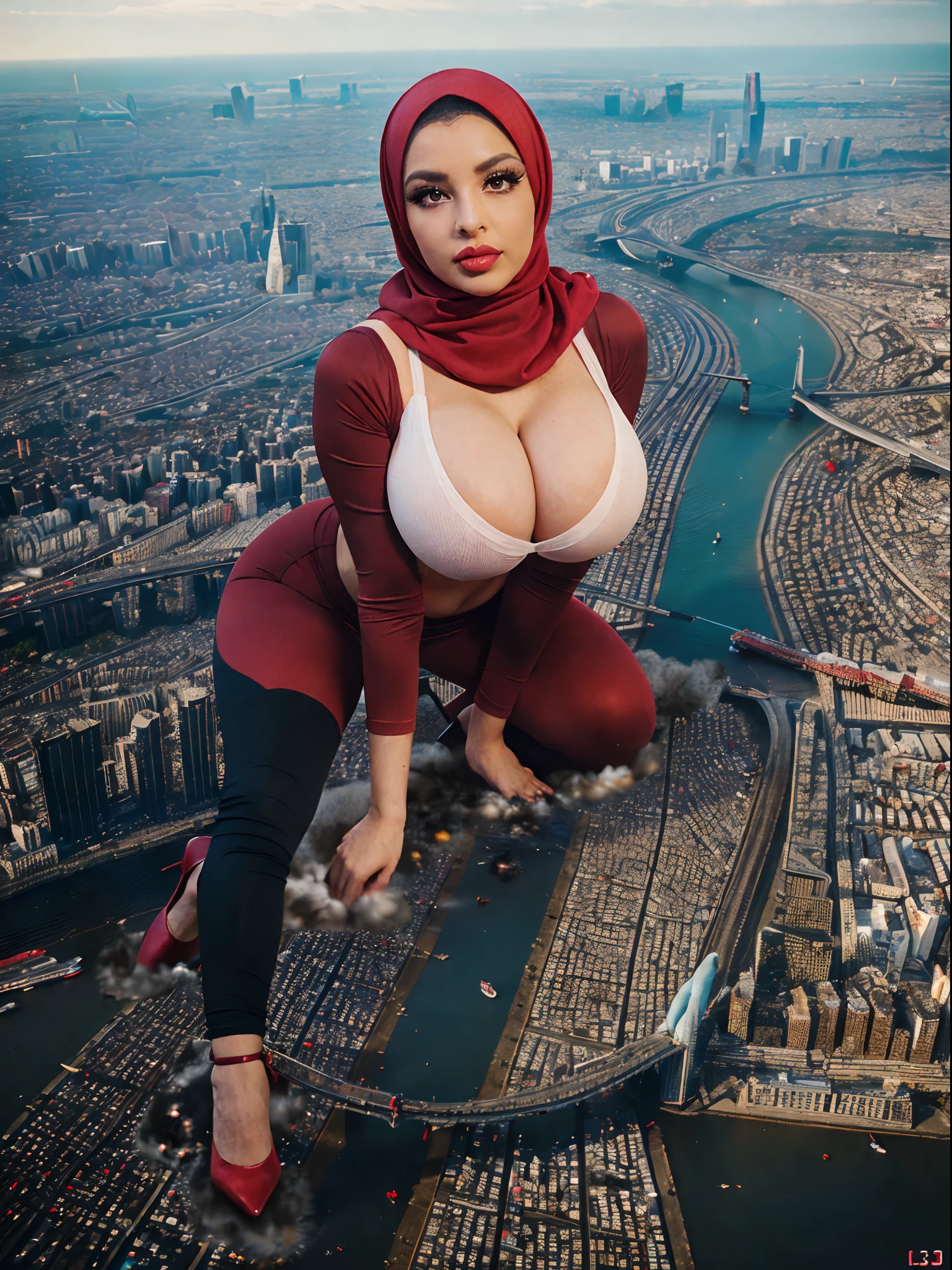 (woman wearing hijab 1.3), (RAW photo, realism: 2.8), (red lip gloss, jet red lipstick, many eyelashes, dark red eye shadow, high quality, high resolution, depth of field, detailed eyes, double eyelids, big eyes, hijab, (ultra Gigantic Breasts:1.3, heavy hanging breasts, perfect round shape breast),  white top, red tight leggings, heels, (thick lips:1.3), (giga:1.3), giantess, (city destruction:1.35), metropolis, london,