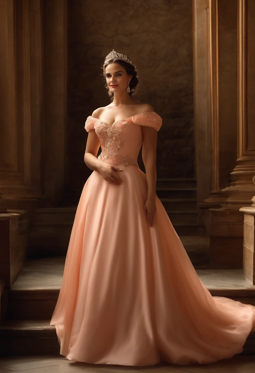 (Inside a castle setting,) Uma pequena princesa Peach usando um lindo vestido rosa quente, She is kind and compassionate and is shown smiling softly, Ela tem mais de 6 metros de altura e usa uma coroa dourada em cima de seus cabelos loiros e luvas brancas. Com foco em seu grande peito sedutor, ( peito grande, decote, ( visible through clothing)), She is depicted in a close-up of the bass.