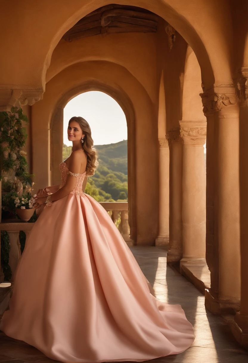 (Inside a castle setting,) Uma pequena princesa Peach usando um lindo vestido rosa quente, She is kind and compassionate and is shown smiling softly, Ela tem mais de 6 metros de altura e usa uma coroa dourada em cima de seus cabelos loiros e luvas brancas. Com foco em seu grande peito sedutor, ( peito grande, decote, ( visible through clothing)), She is depicted in a close-up of the bass.