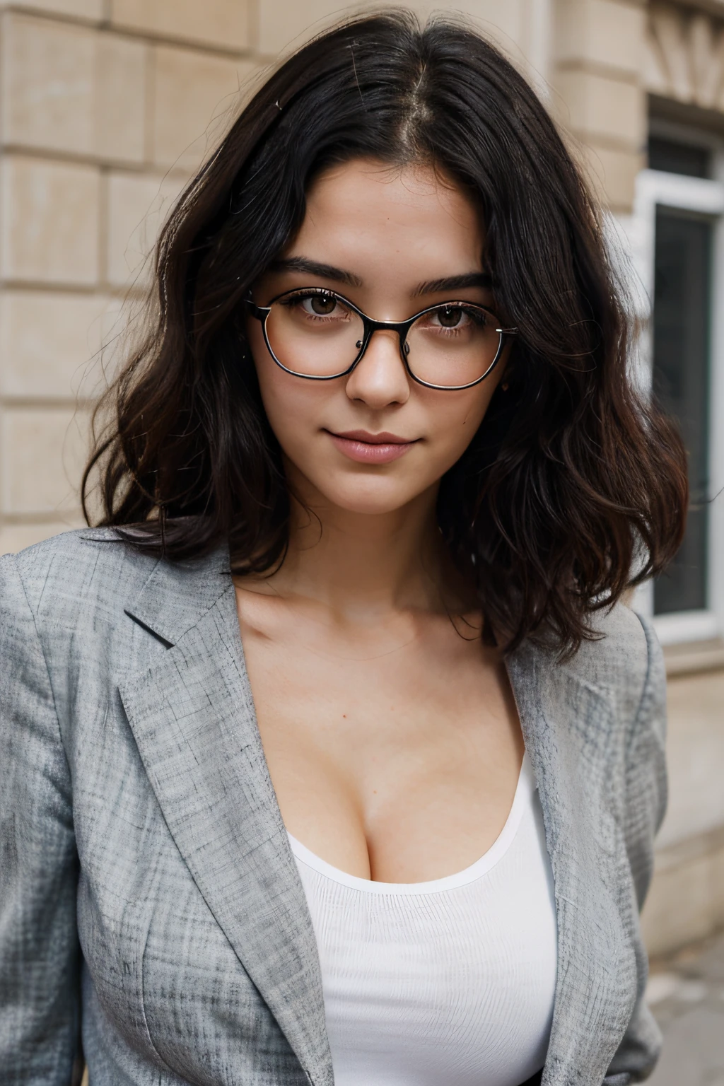 24 year old journalist girl with curly black hair, et une peau blanche, slightly slanted eyes, phisiquement sportive avec des formes, elle ressemble a megane markele