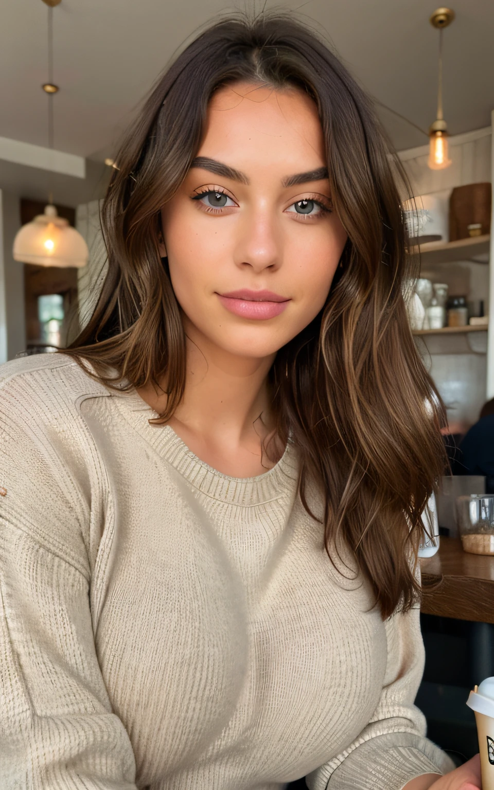 Beautiful brunette with blonde highlights wearing a beige sweater (in a cafe drinking soda), highly detailed, 22 years old, , boobs, innocent face, natural wavy hair, blue eyes, high resolution, Masterpiece, Best quality, Intricate high detail, Highly detailed, Sharp focus, Detailed skin, realistic skin texture, texture, detailed eyes, professional, 4k, charming smile, shot on Canon, 85mm, shallow depth of field, Kodak Vision Color, Perfect Fit Body , extremely detailed, photography_\(ultra\), Photorealistic, Realistic, Post-processing, maximum details, roughness, real life, ultra realistic, Photorealism, photography, 8k UHD, photography, busty
