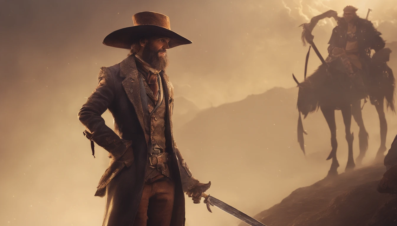 There's a man with a beard and hat with a machine, Cyber Steampunk 8 K 3D, Velho cyberpunk, Papel de parede solarpunk 4k, Arte digital altamente detalhada em 4k, cyber steampunk, soldado futurista, cyber space cowboy, epic scifi character art, sci - personagem de fi, Epic Sci - Arte do Personagem de Fi:, Epic Sci-Fi Character Art